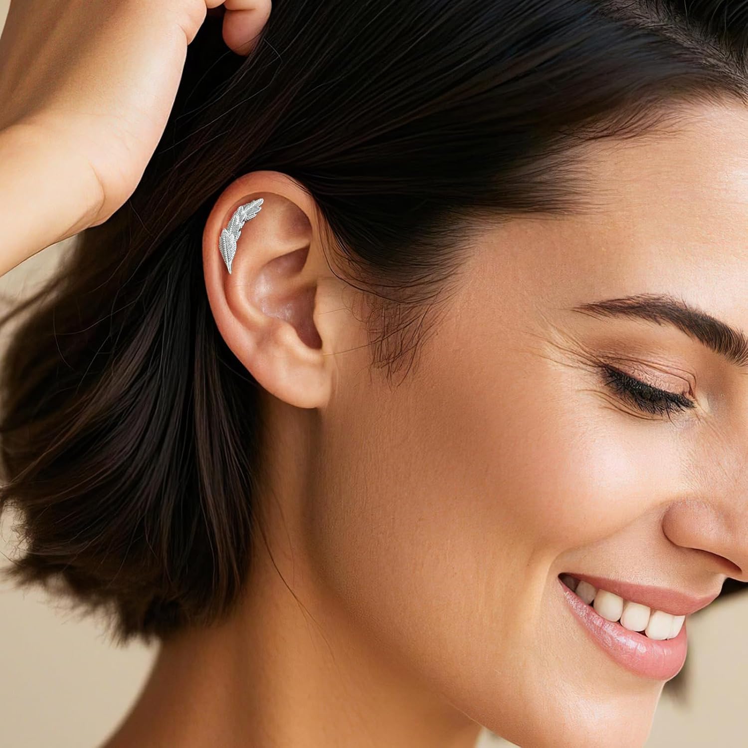 Silver Leaf Feather Stud Earrings for Women,Hypoallergenic Sterling Silver Earrings Cartilage Stud, Dainty Cute Small Silver Jewelry - Image 3