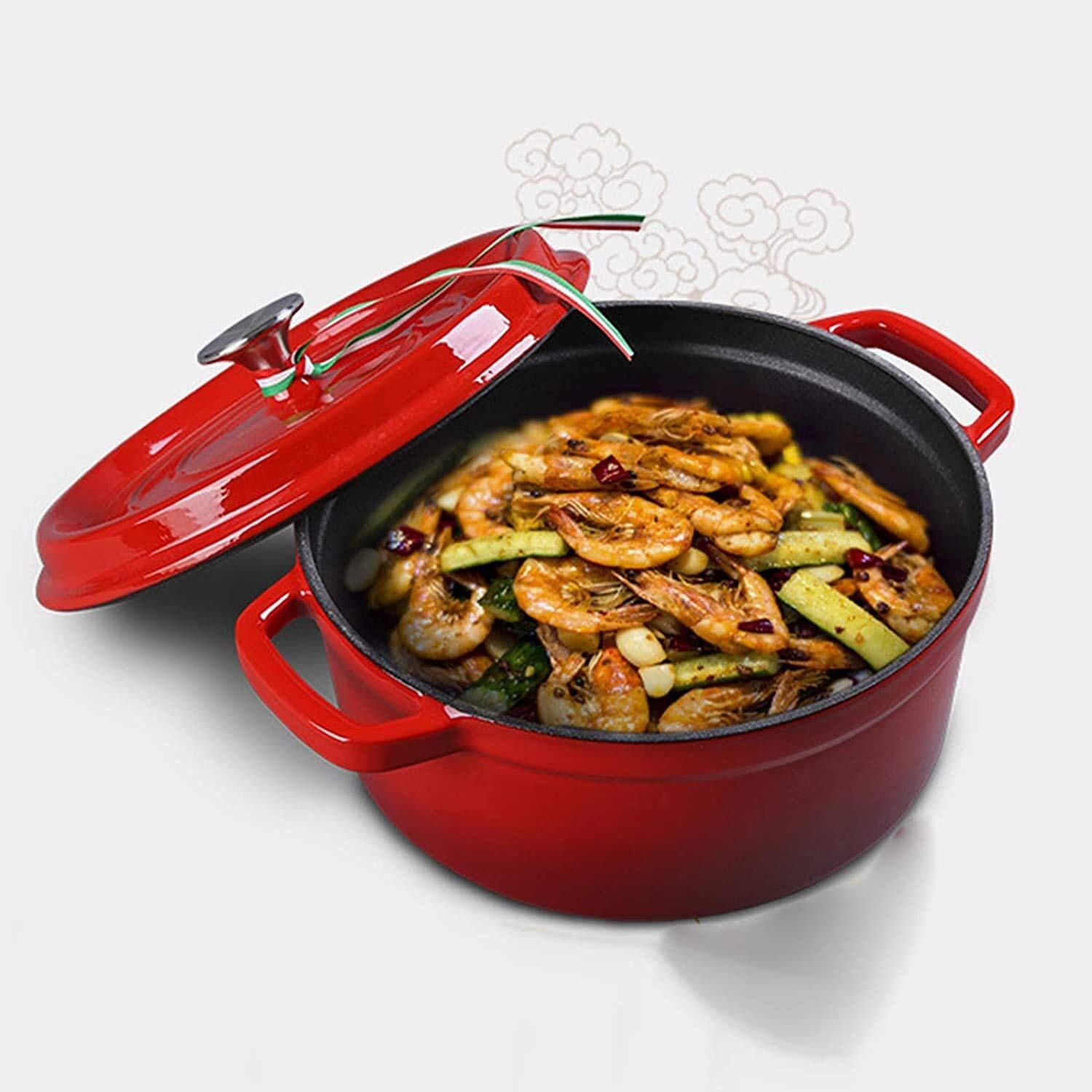 Cazuela Redonda de Hierro Fundido esmaltado para Horno, Olla de Horno con Perilla de Acero Inoxidable, para Preparar Comidas Bajas y lentas, cazuela Antiadherente de Hierro Fundido de cocció