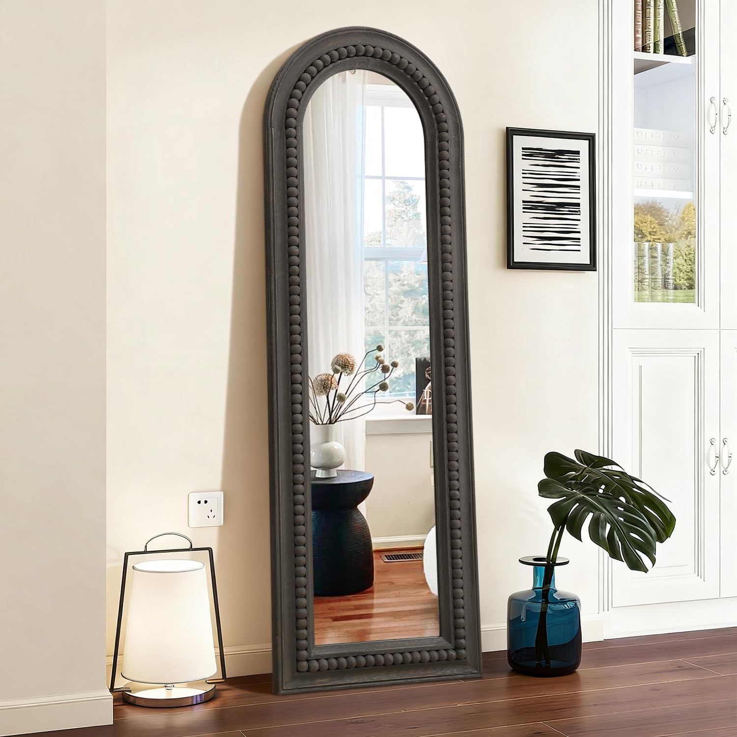 MWAZZLL Beaded Framed Floor Mirror Full Length Decorative Arched Wooden Large Wall Mirrors 165x55cm for Bedroom Bathroom Living Room Entryway Home Decor