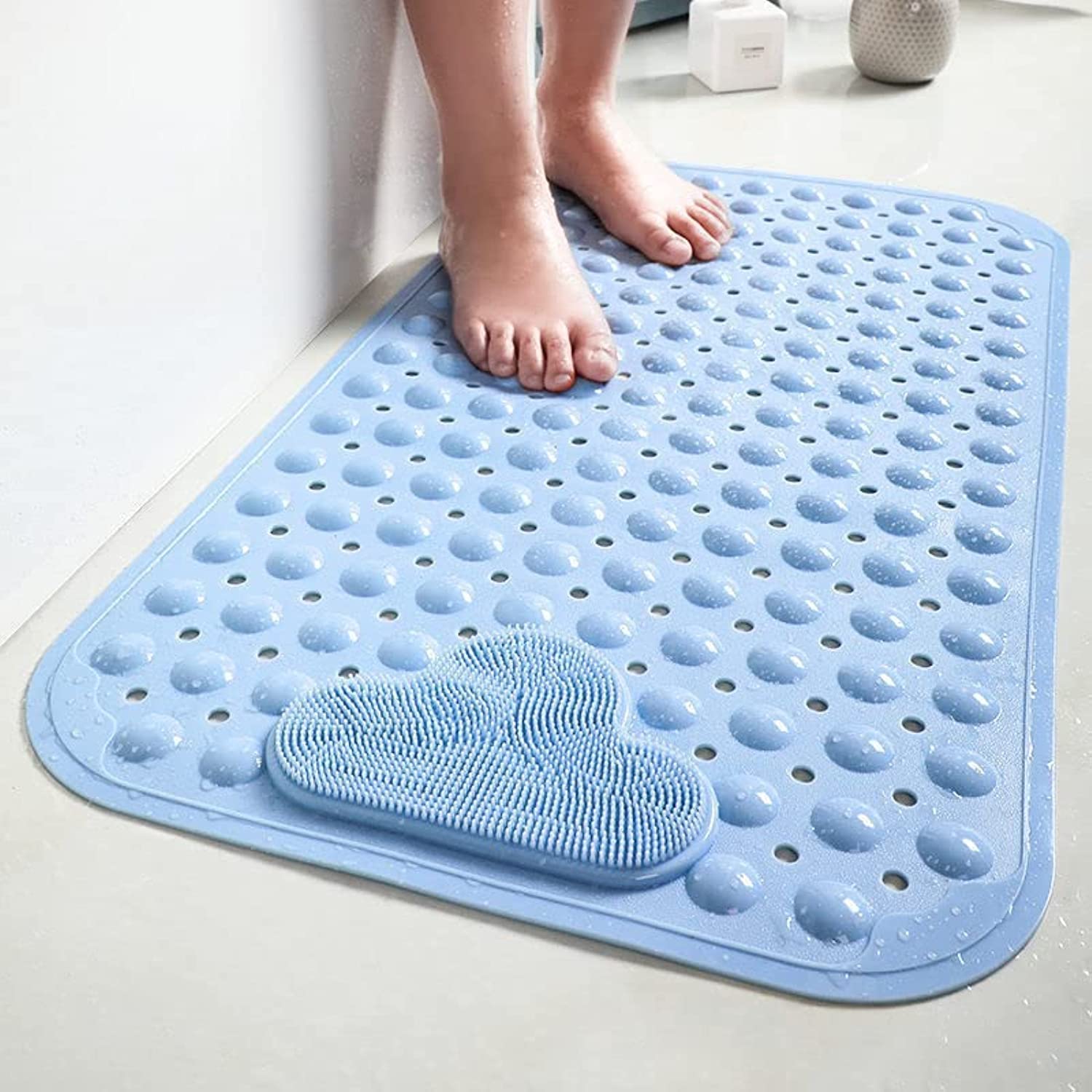 THMINS 80x50 cm Non Slip Bathtub Mat with Foot Scrubber, Large Shower Mat for Foot Massage, TPE No Toxic Shower Floor Mat with Suction Cups Drain Holes, Machine Washable……