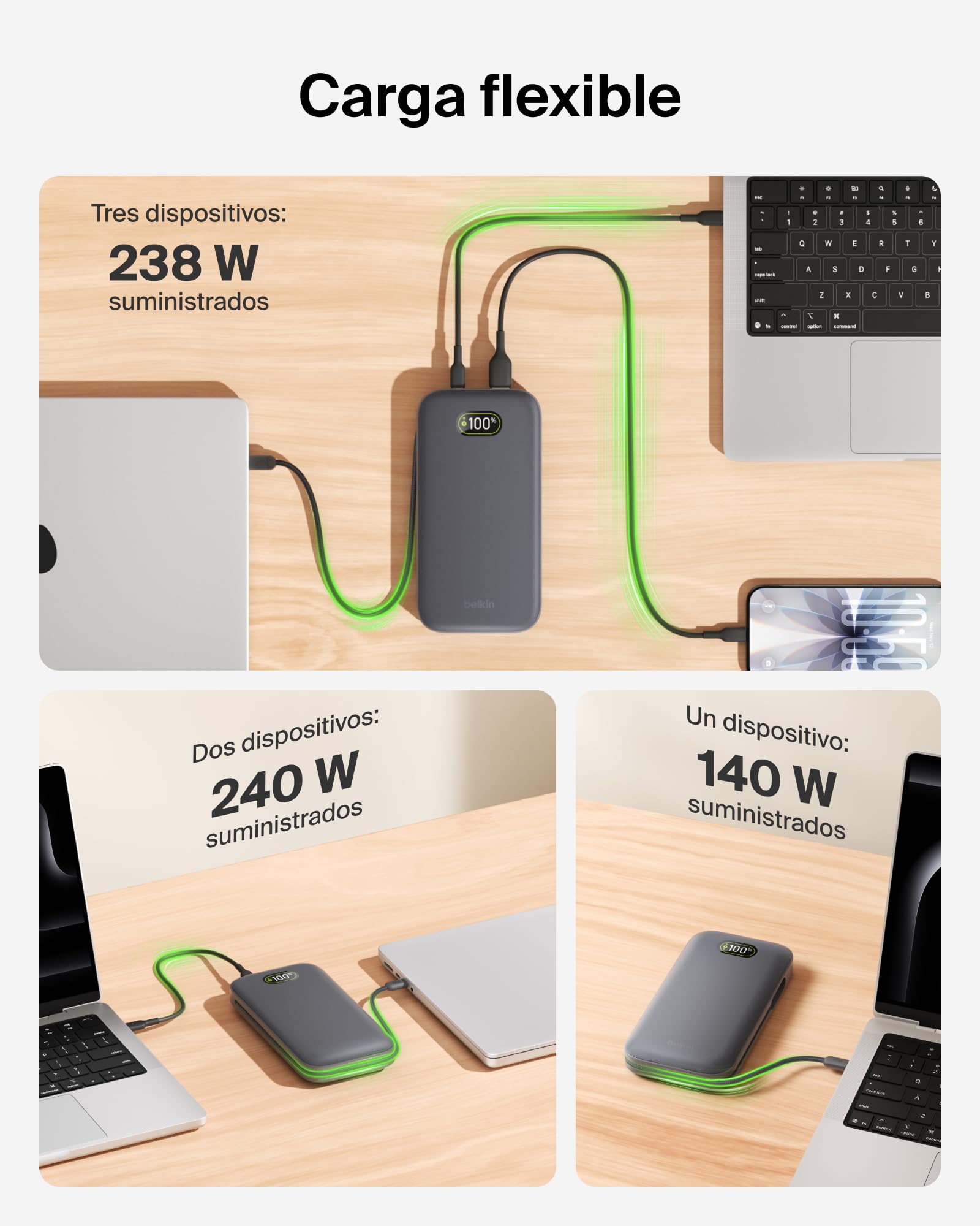 Belkin UltraCharge Pro Batería Externa Carga Rápida 27000mAh, Power Bank Con Cable USB C Integrado, USB PD De 240 W y USB A, Batería Portátil para MacBook Pro, iPhone, iPad, Galaxy, Pixel, Gris Carbón