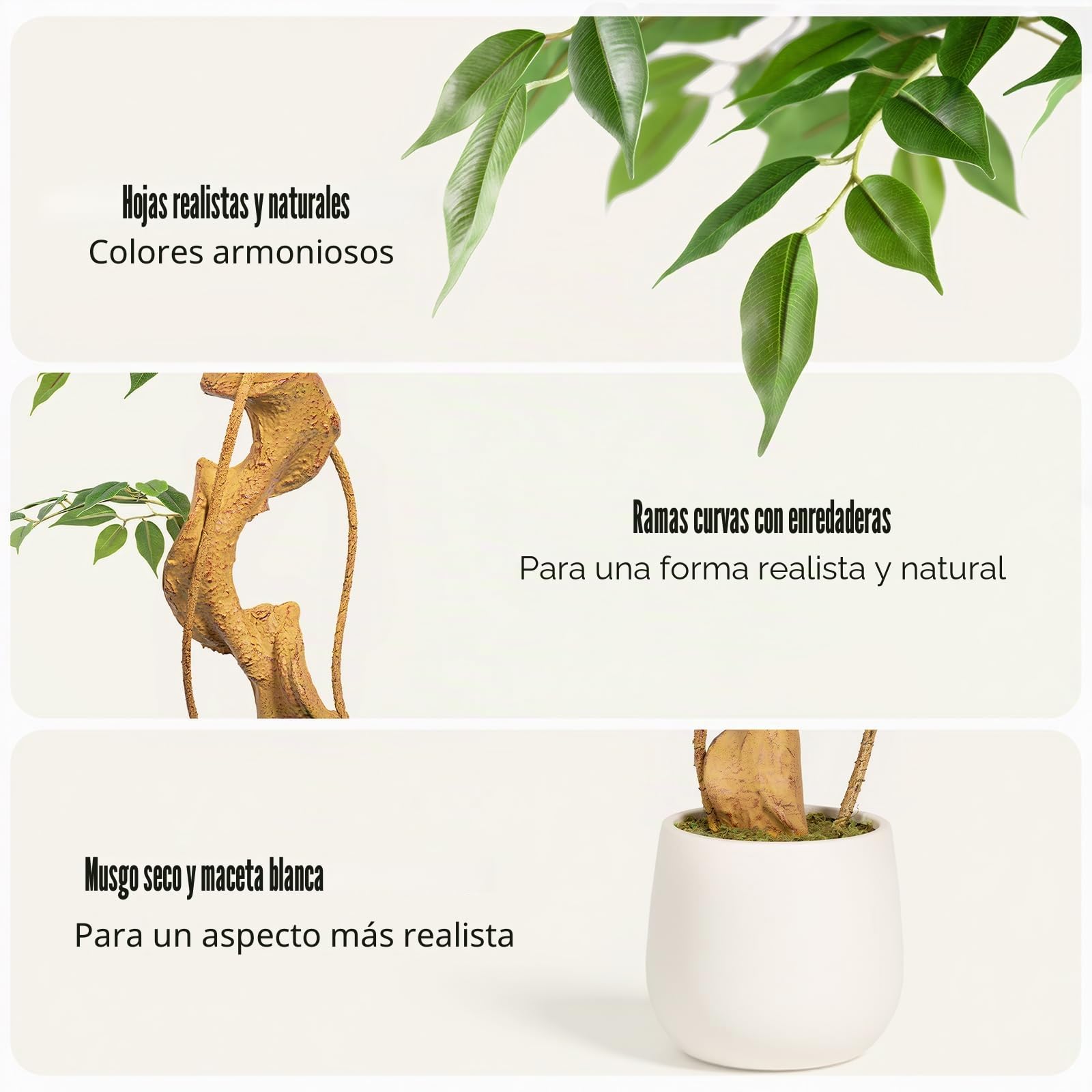 Keepplush - Planta artificial de Ficus, 150 cm con maceta blanca, plantas artificiales grandes como de verdad con tronco curvo y 1488 hojas, planta artificial para decoración interior de sala de estar