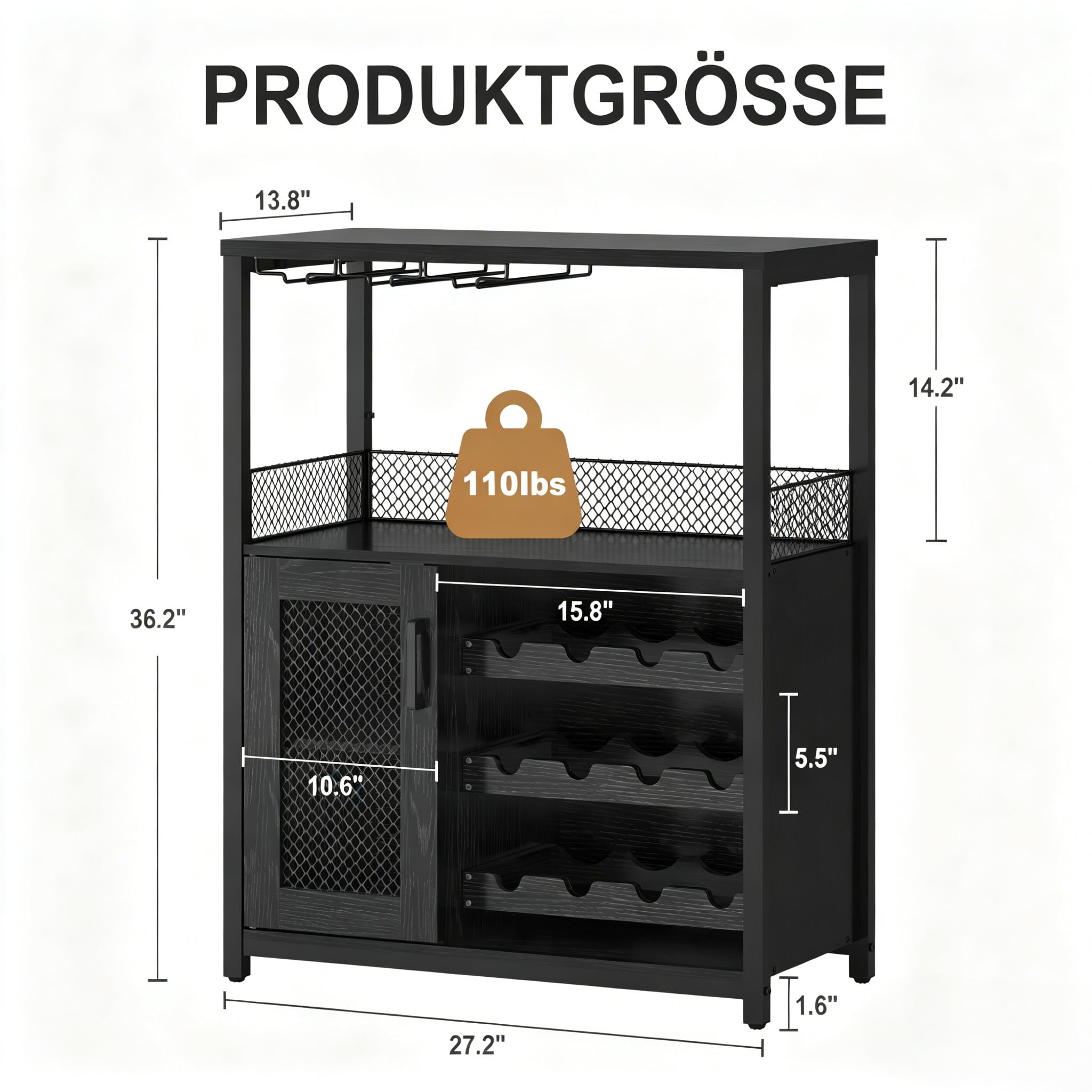 Weinregal, mit verstellbarem Weinregal und Glashalter, Industrial Design mit LED Licht, Getränkeaufbewahrung als Weinbarschrank für Küche, Esszimmer, Wohnzimmer, 70x35x92 cm, Holzmaserung Schwarz