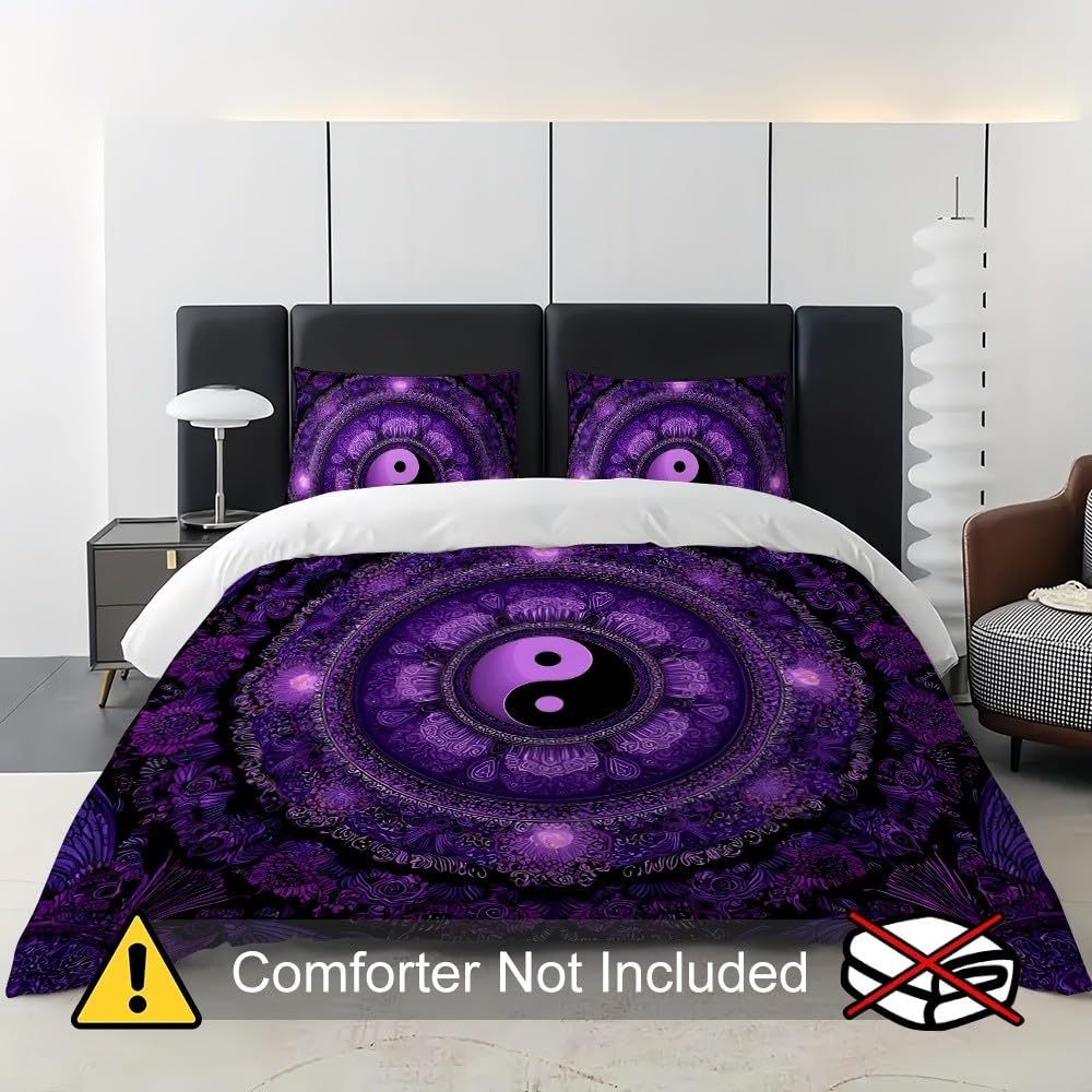 Pościel 155 x 220 cm, wzór czeskiego mandali, komplet pościeli, 100% mikrofibra, nie wymaga prasowania, nie gniecie się, można prać w pralce, kolor fioletowy, dwustronna, z poszewką na poduszkę 80 x