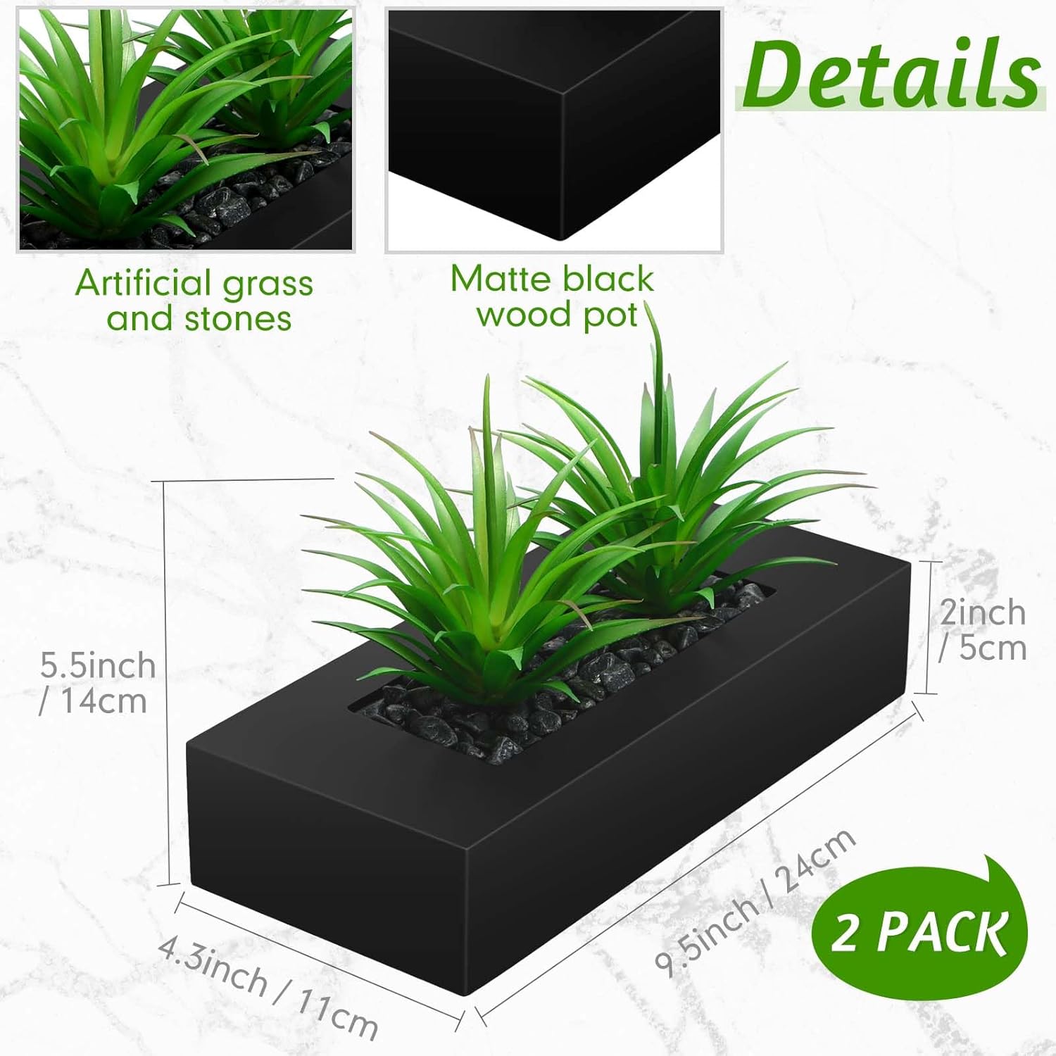 Hotop 2 Pcs Artificial Green Grass Plants in Wood Decorative Planter Pot Wooden Faux Greenery Rectangle Box Table Plant for Tabletop Centerpiece Indoor Decor (13.8 Inch,White)