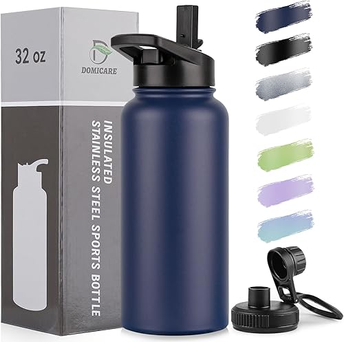 Miniatura 72 de DOMICARE Botella de agua aislada, 22 onzas, botella deportiva reutilizable de acero inoxidable aislada al vacío con tapa de popote y tapa de
