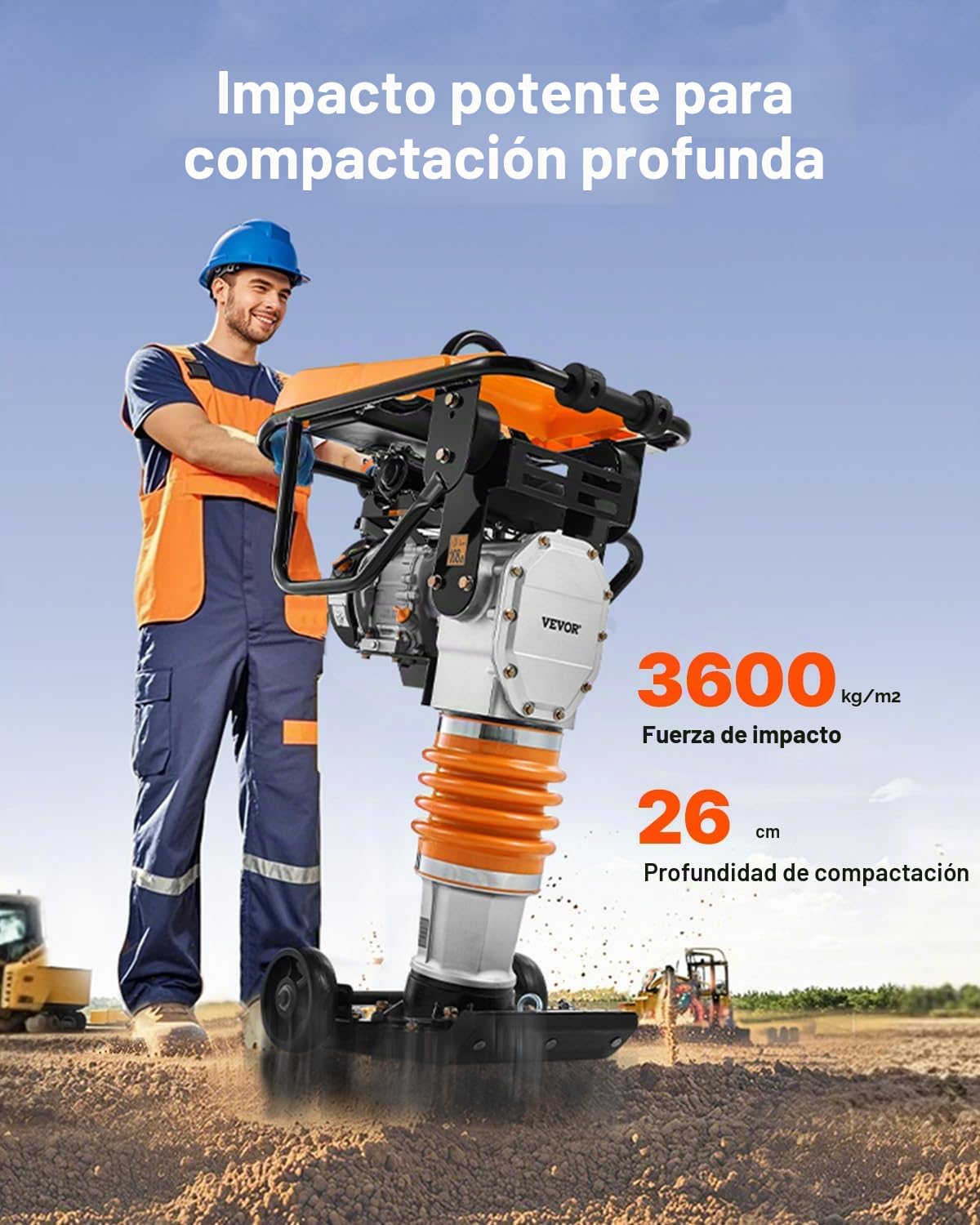 VEVOR Compactador de Gato de Salto Apisonador Vibratorio 6,5 HP con Motor de 196cc a Aombustible Fuerza de Impacto de 1632 kg para Suelo, Grava, Cimientos, Losas de Hormigón, 740 x 465 x 1080 mm
