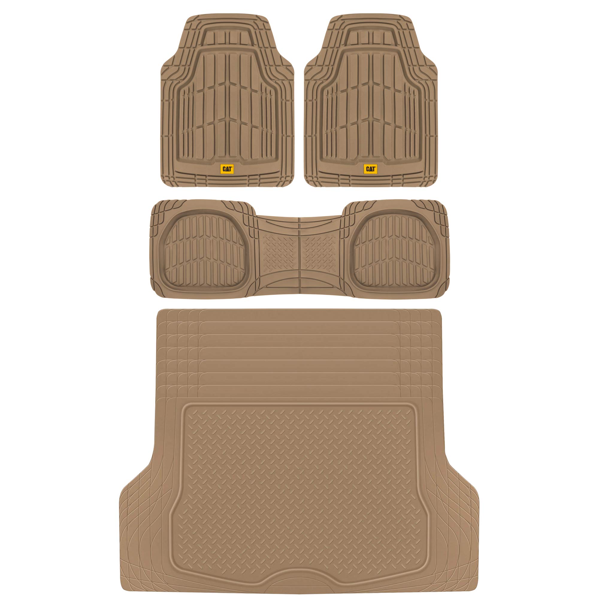 Photo 1 of BDK Cat® CAMT-1003 (3-Piece) Deep Dish Rubber Car Floor Mats with Trunk Cargo Liner, Heavy Duty All Weather Trim to Fit Front & Rear Combo Set for Car Sedan SUV Van Beige