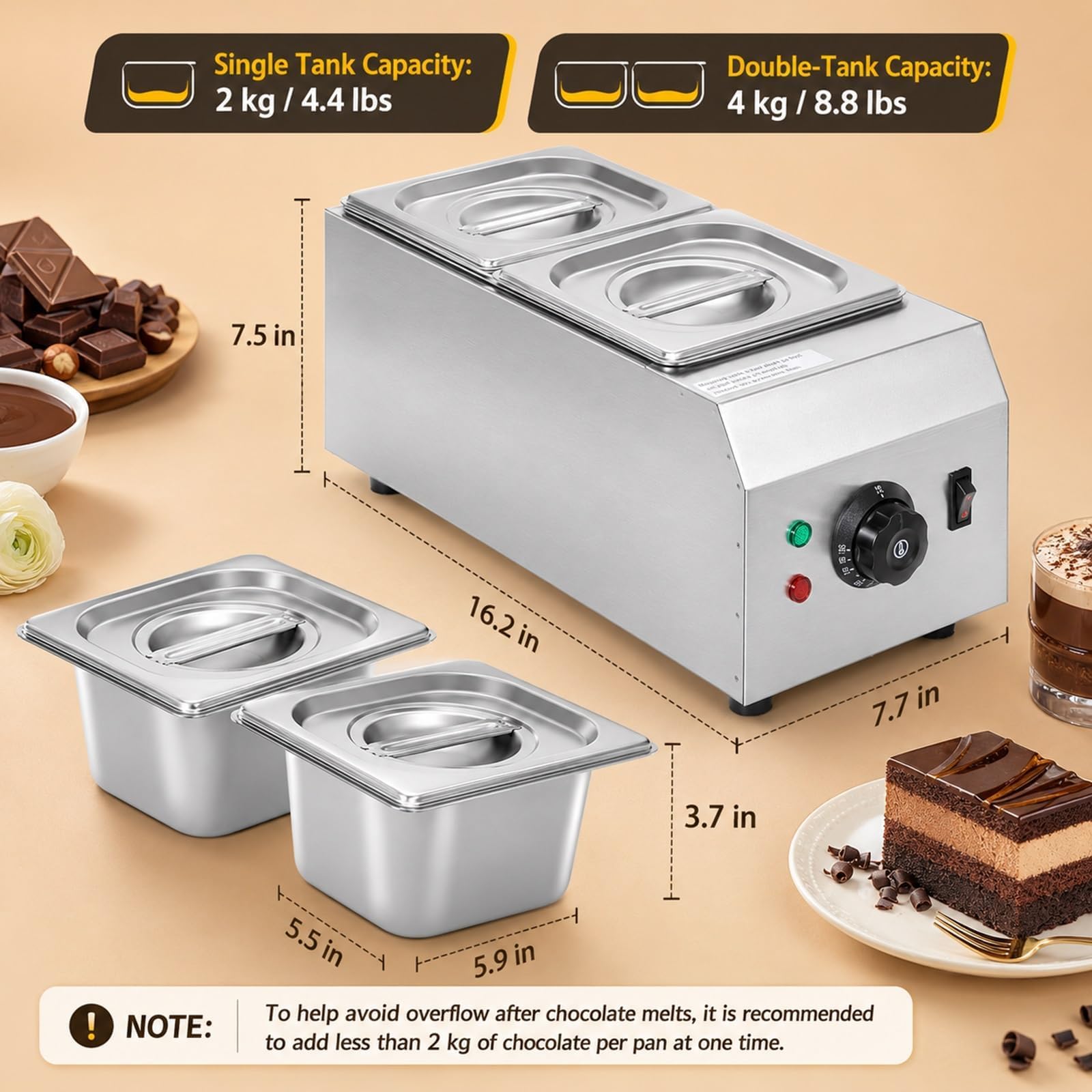 Máquina de templado de chocolate comercial, 4 L, 1000 W, olla de fusión de doble tanque