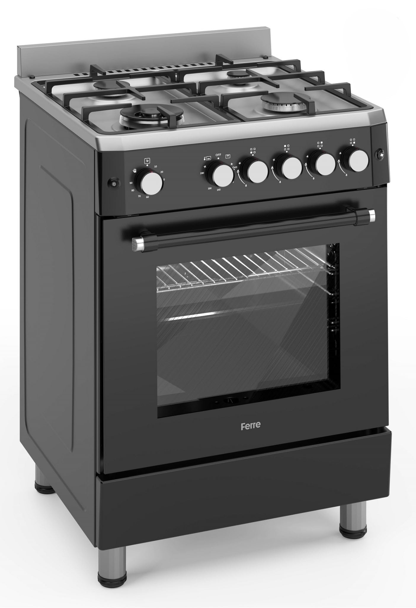 Ferre F6IP40GF-IBL-W 60cm Freestanding Gas Cooker With Wok Burner & Turbo Fan - Black