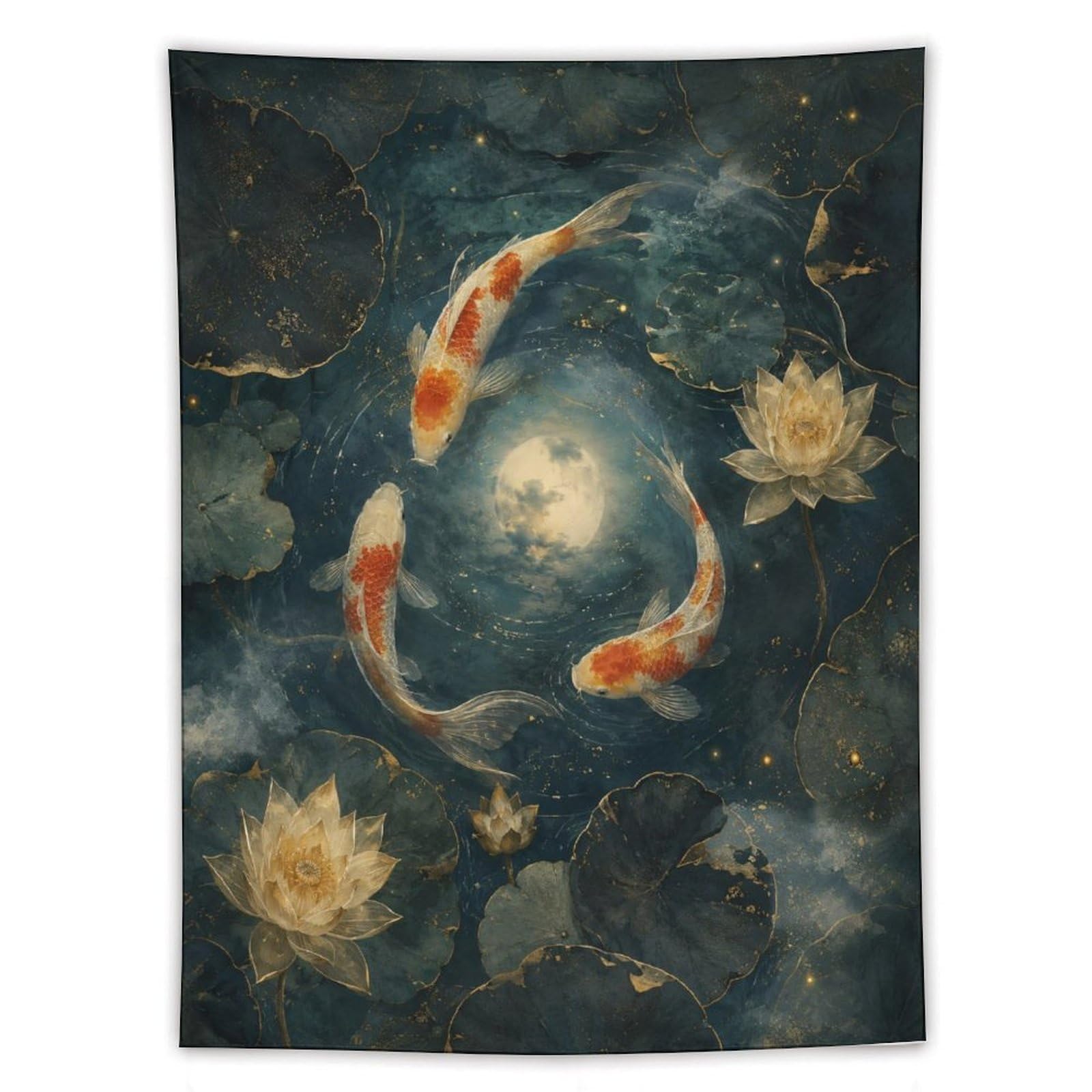H3B8U2Y5 Koi Fish Moon Wall Tapestry, Watercolor Style, Tranquil Pond