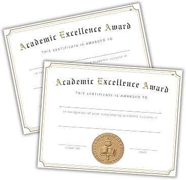 Academic Excellence Award Certificate 30pk 8.5x11 GPA Honors Graduation Recognition Achievement Valedictorian End of Year High School Middle