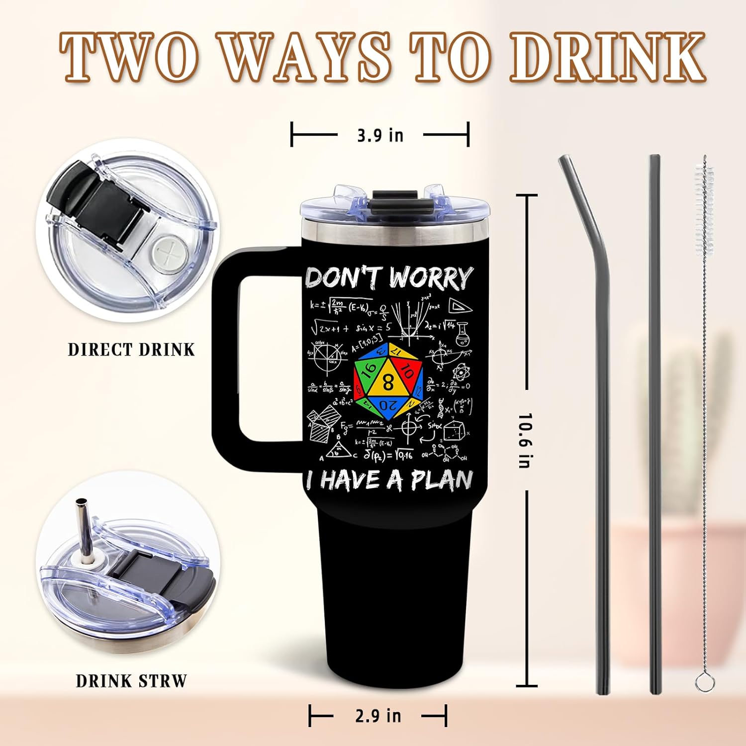 DUUV Funny Tumbler 40 Oz with Handle, Don't Worry I Have a Plan Dice and Math Design, Sarcastic Nerd Gifts for Gamers Math Lovers, Birthday Christmas Gift, 1PCS - Image 3