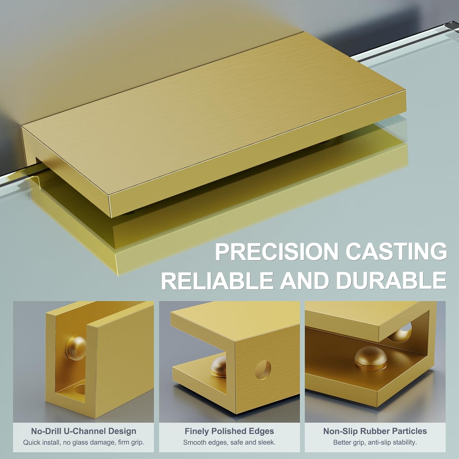Ranbo 2 Pcs Solid Brass Glass Shelf Brackets, Heavy Duty 4mm Thick Design，for 1/4" to 1/2" Frameless Glass Panels, Wall Mount Support Clips for Shower and Shelves, Brushed Gold