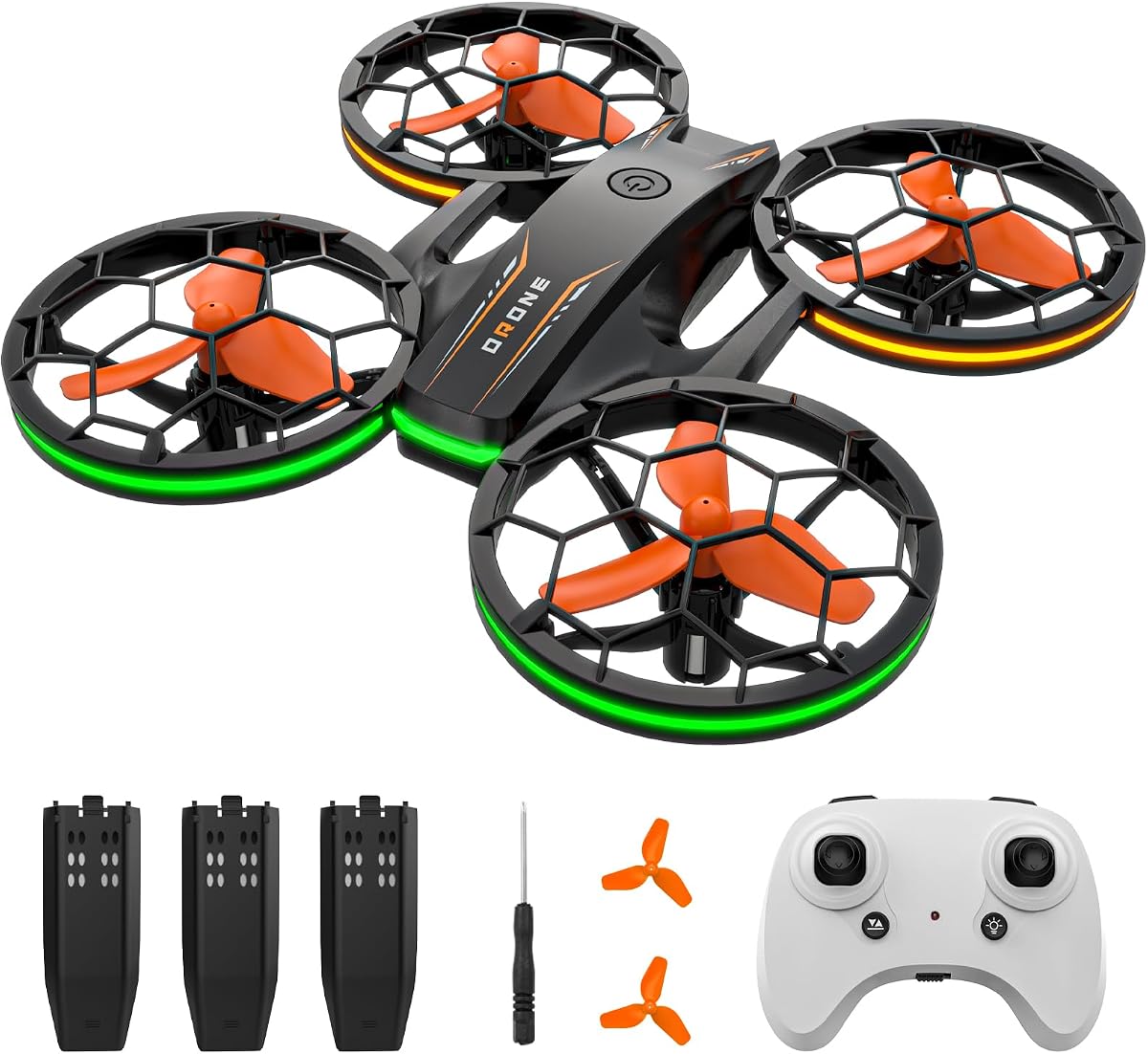 Drones - Drone RC con modo de vuelo automático y sin cabeza, cuadricóptero con luz LED, protección total de hélice, giros 3D, 3 baterías, control remoto, los mejores regalos