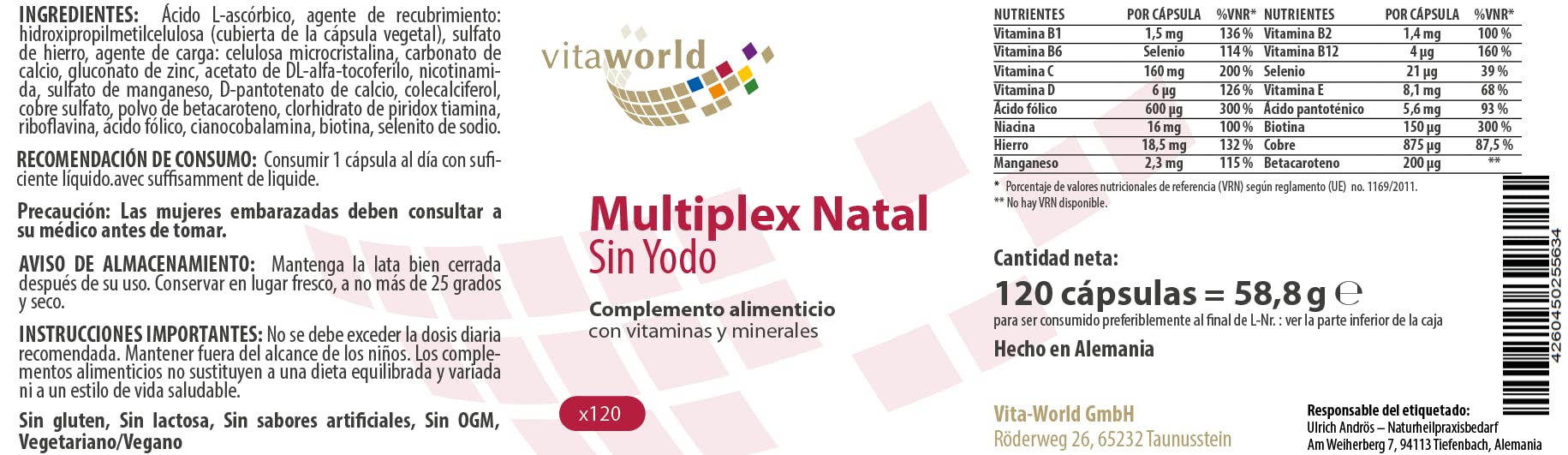 Pack de 3 Complejo Multivitamínico Prenatal sin Yodo 3 x 120 Cápsulas Vegetales Vita World