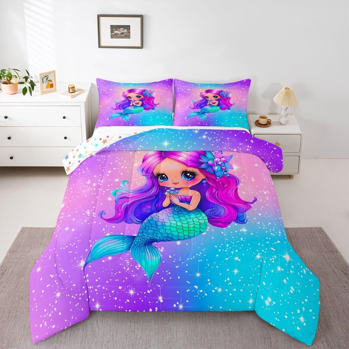 Feelyou Mermaid Kids Comforter Set Twin Size Princess Decor Bedding Set Glitter Rainbow Duvet Quilt for Kids Boys Girls Bedroom Ocean Life Sea Animal Decor Microfiber Ultra Soft Breathable