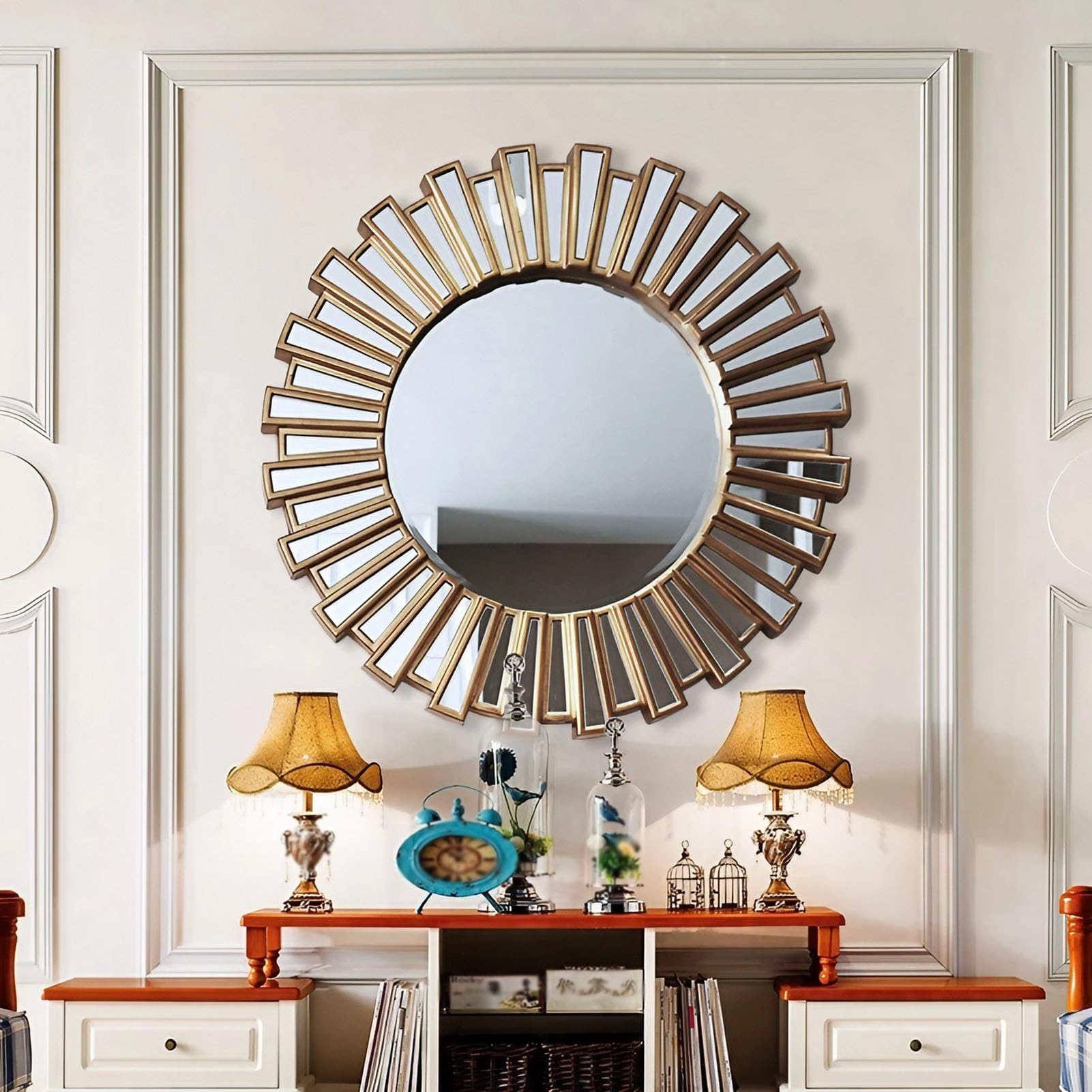 FGXHHS Geometric Sunburst Wall Mirror, 80 cm/32 inch Large Fireplace Decorative Mirror,Hanging Mirror for Living Room, Bedroom, Bathroom, Hallway, Entryway(Antique Gold)