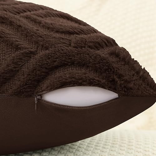 Miniatura 3 de decorUhome - Juego de 2 fundas de almohada de 18 x 18 pulgadas, suave felpa de lana sintética marrón, con detalles de primavera, para sofá cama,