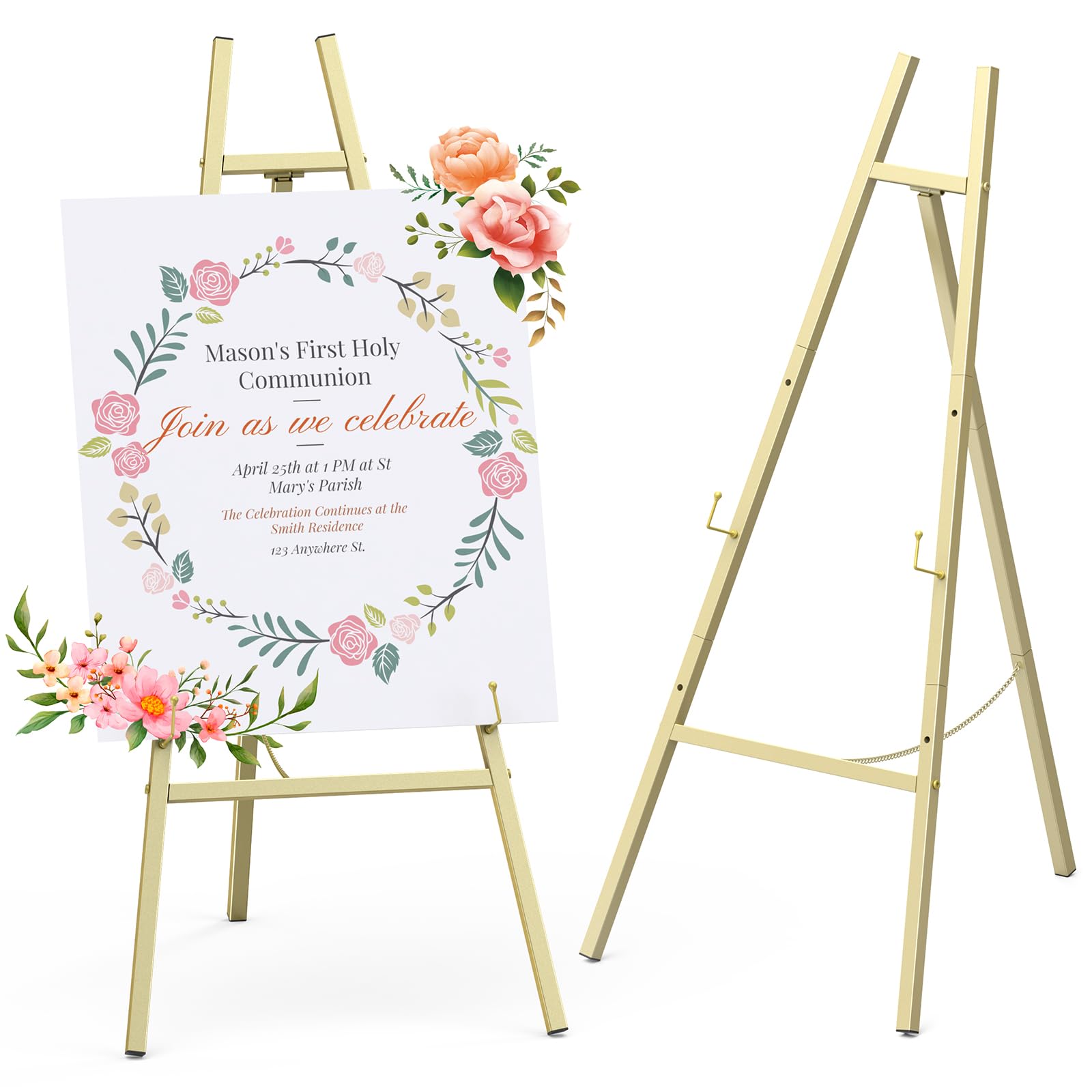 Photo 1 of Gold Metal Easel Stand 46.7", Heavy Duty Floor Display Easel, Adjustable 4-Tier with Chain Support, Wedding Welcome Sign Holder, Poster Stand, Easy to Assemble, Assembly Required (1 Pack)