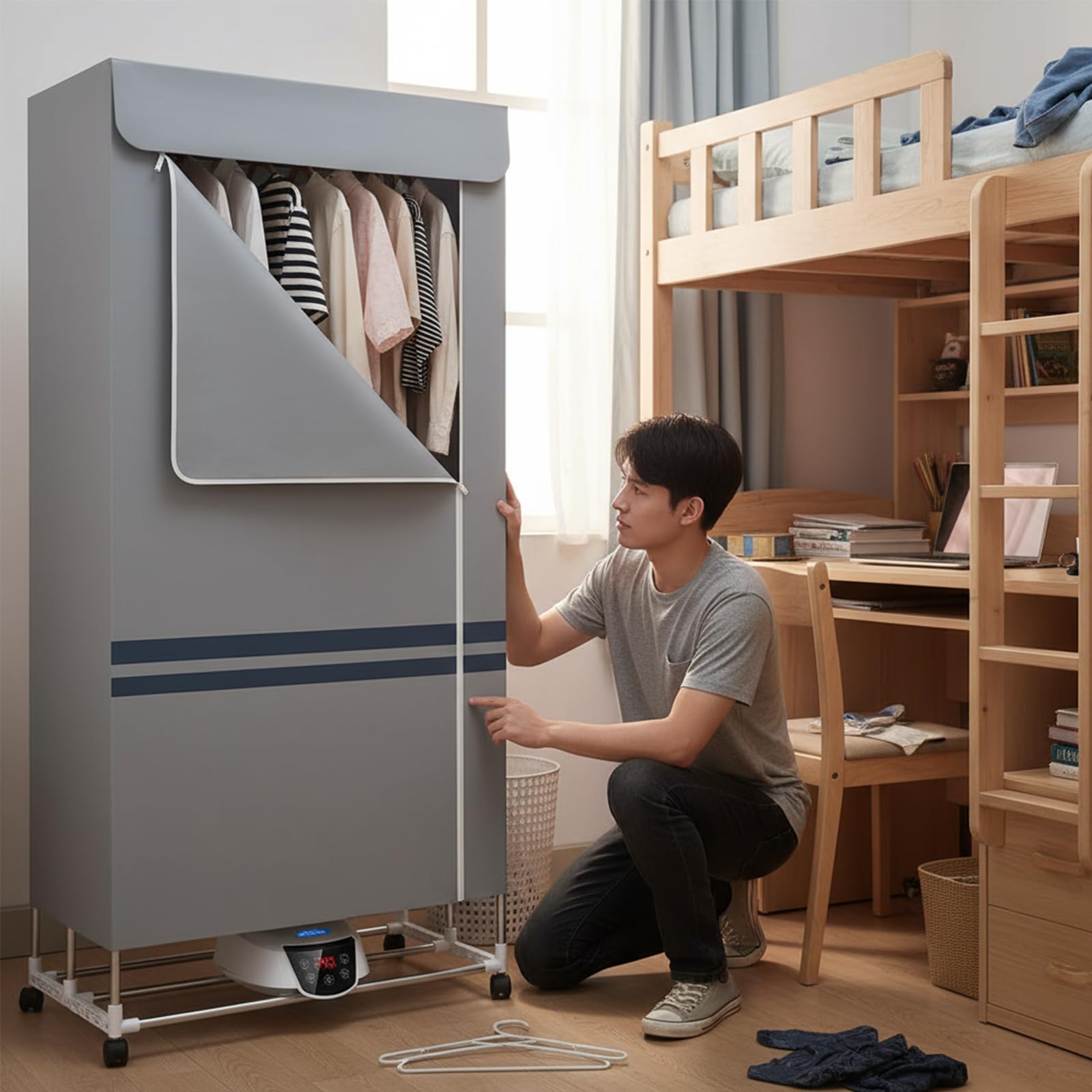 Asciugabiancheria Elettrica portatile con telecomando e timer, stendibiancheria pieghevole a 3 livelli con coperchio, ideale per interni e appartamenti, Grey