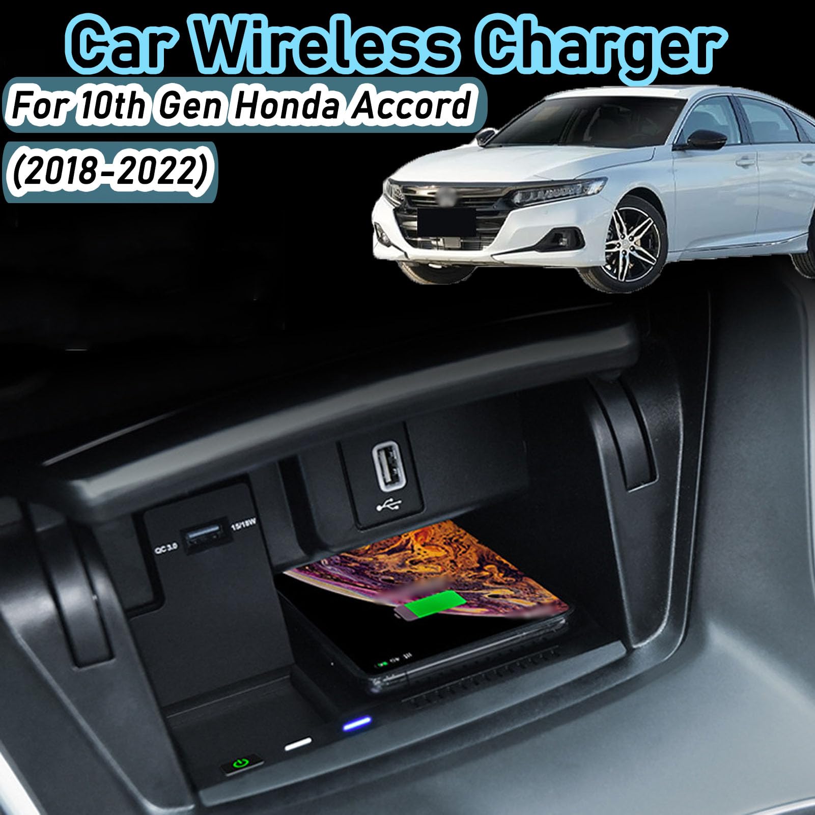 CenNa Caricabatterie per Auto Wireless per Hon-da Accord di Decima Generazione (2018-2022) Accessorio per Tutti I Modelli con Ricarica Rapida Wireless E USB Qc3.0 da 15 W, Regalo per La Famiglia