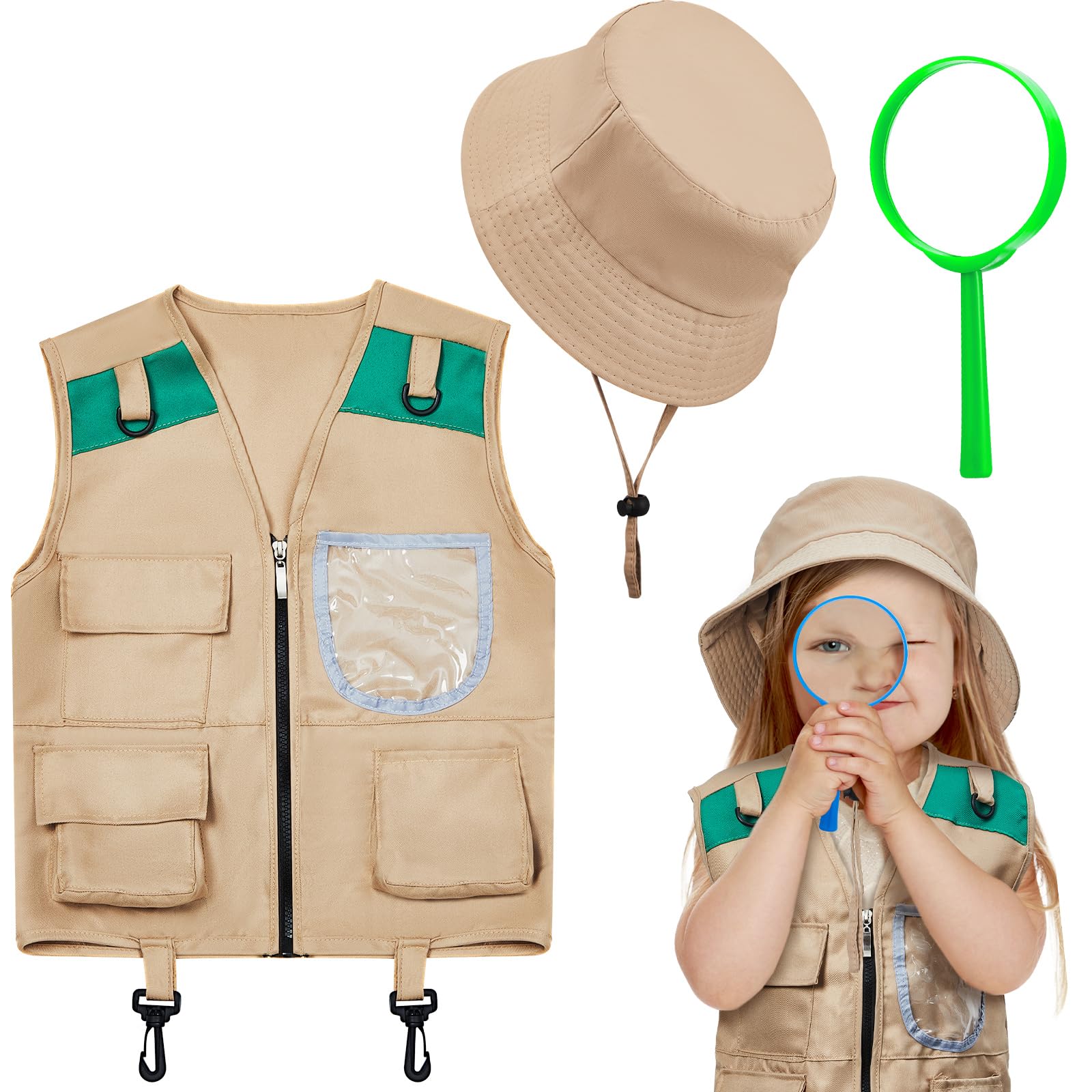Ramede Kids Safari Explorer Vest and Hat Costume Fishing Adventure Camping Vest for Boy Girls Toddler Outfit(Classic,Green)