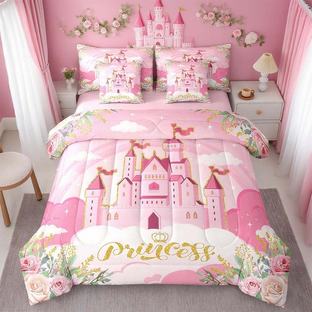 Girls Princess Comforter Set 7 Pieces Reversible,Cartoon Castle Pink Bed Set,Dreamy Fairy Tale Bedding Soft Microfiber Full (1 Comforter,2 Pillowcase,
