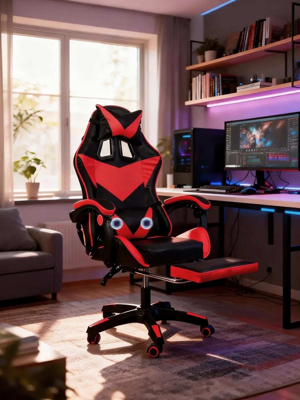 Ergonomic Computer Gaming Chairs with Footrest Lumbar Support, Red High Back Swivel Chair with Headrest, for Gamer