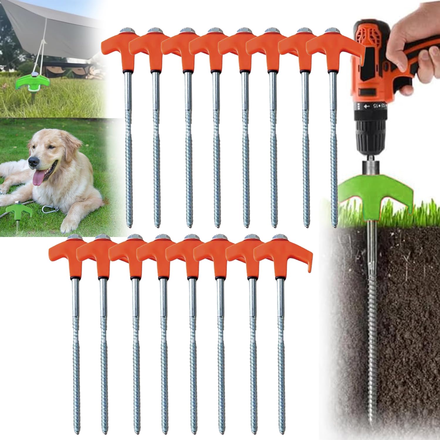 8" Screw in Tent Stakes Heavy Duty, Ground Anchors Screw in, Metal Threaded Tent Spikes, Tent Pegs Camping Stakes, Tent Stakes for Trampoline Tent Canopy Dog Anchors Outdoor Camping (16PCS, Orange)