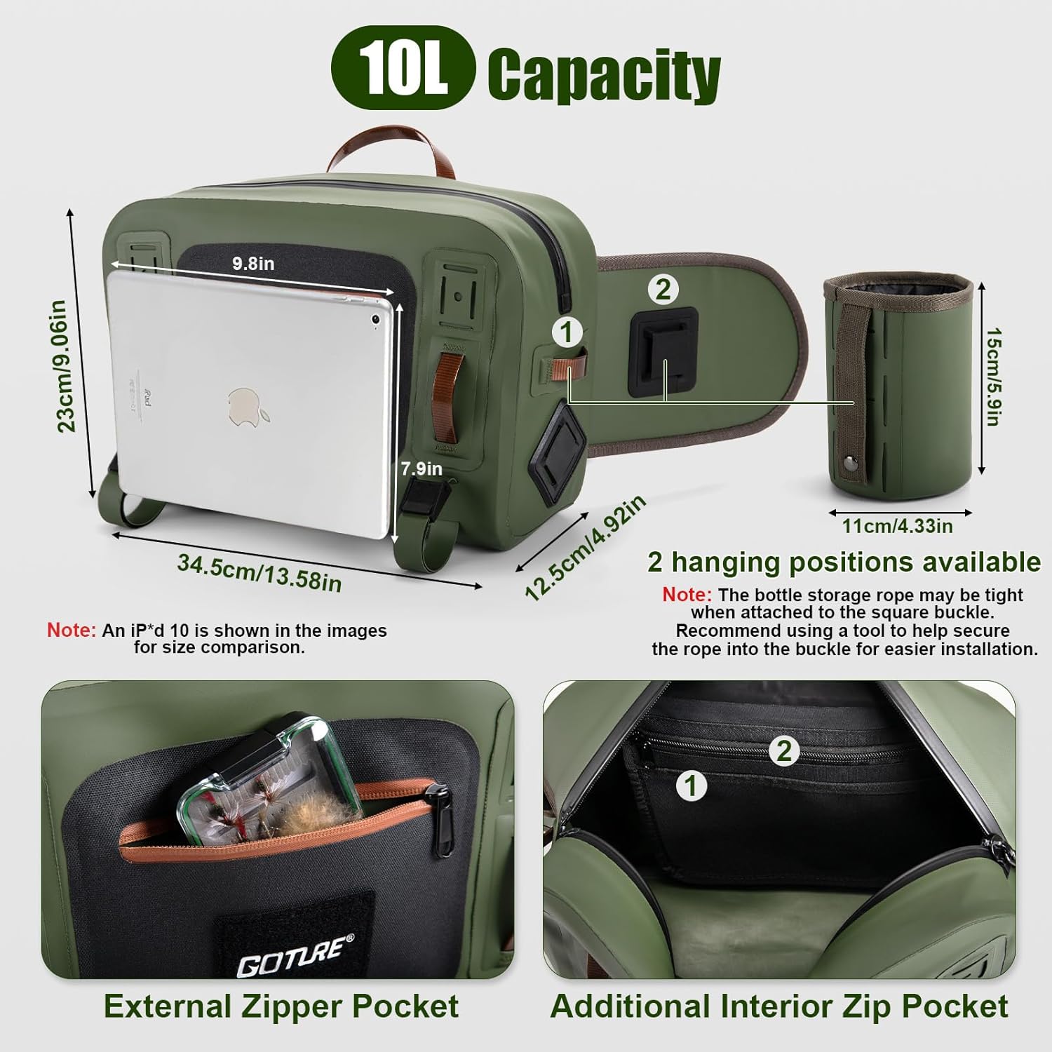 Goture Waterproof Fishing Waist Pack,IPX8 840D TPU Large Tackle Bag with Rod Holder,Airtight Zipper Closure,Detachable Water Bottle Holder, 10L Fly Fishing Bag with Adjustable Strap,Sling Fanny Pack - Image 5