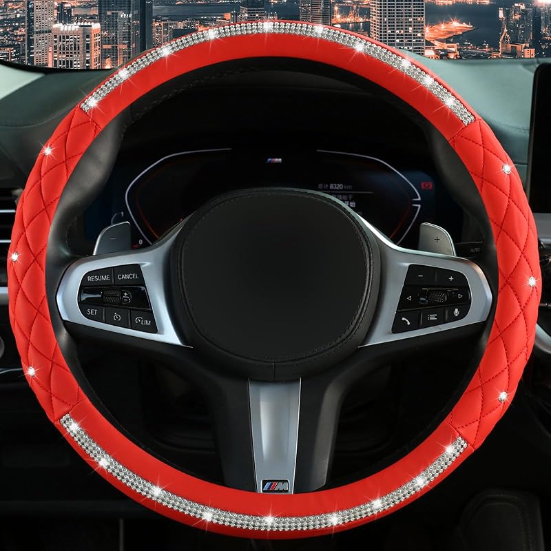Capa para Volante com Strass Brilhante em Couro Sintético Vermelha LANPU SURE para Volantes de 37–38 cm (14,5–15 pol.)