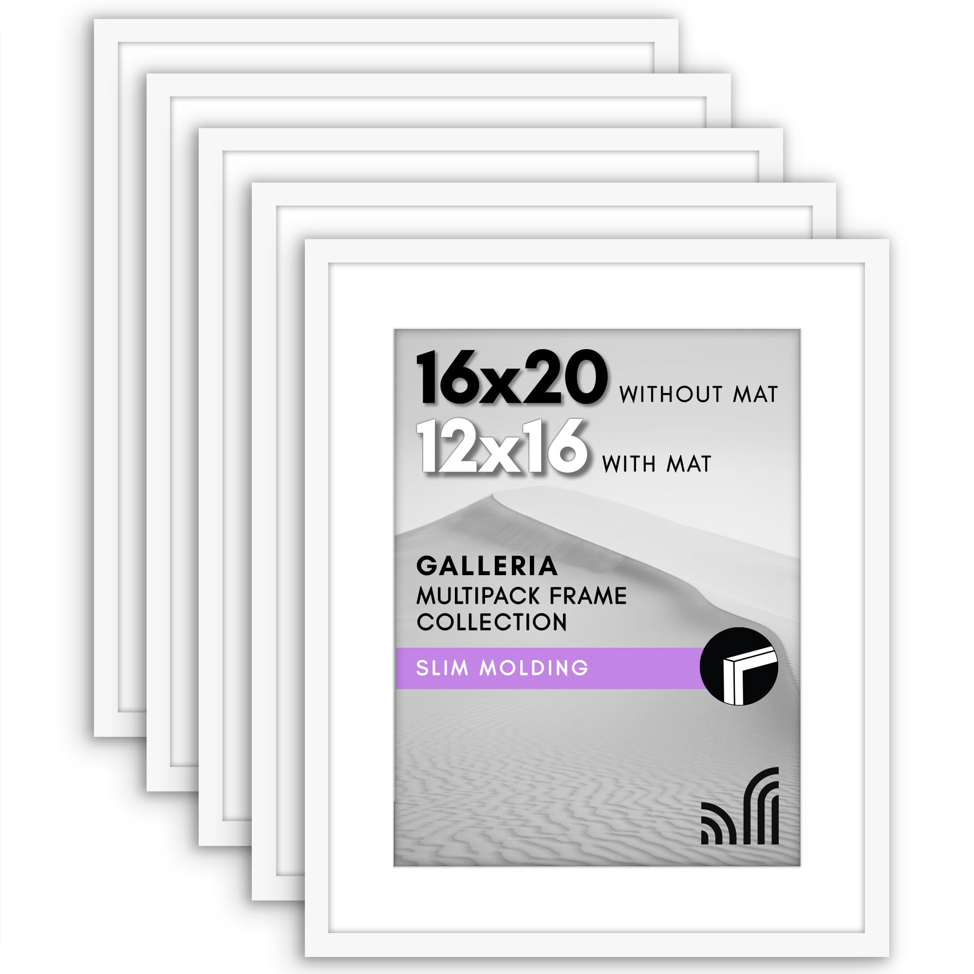 Americanflat 16x20 Picture Frame with Polished Plexiglass - Set of 5 - Use as 12x16 Frame with Mat or Display 16x20 Photo Without Mat - Galleria Collection - Picture Frames for Wall Display - White