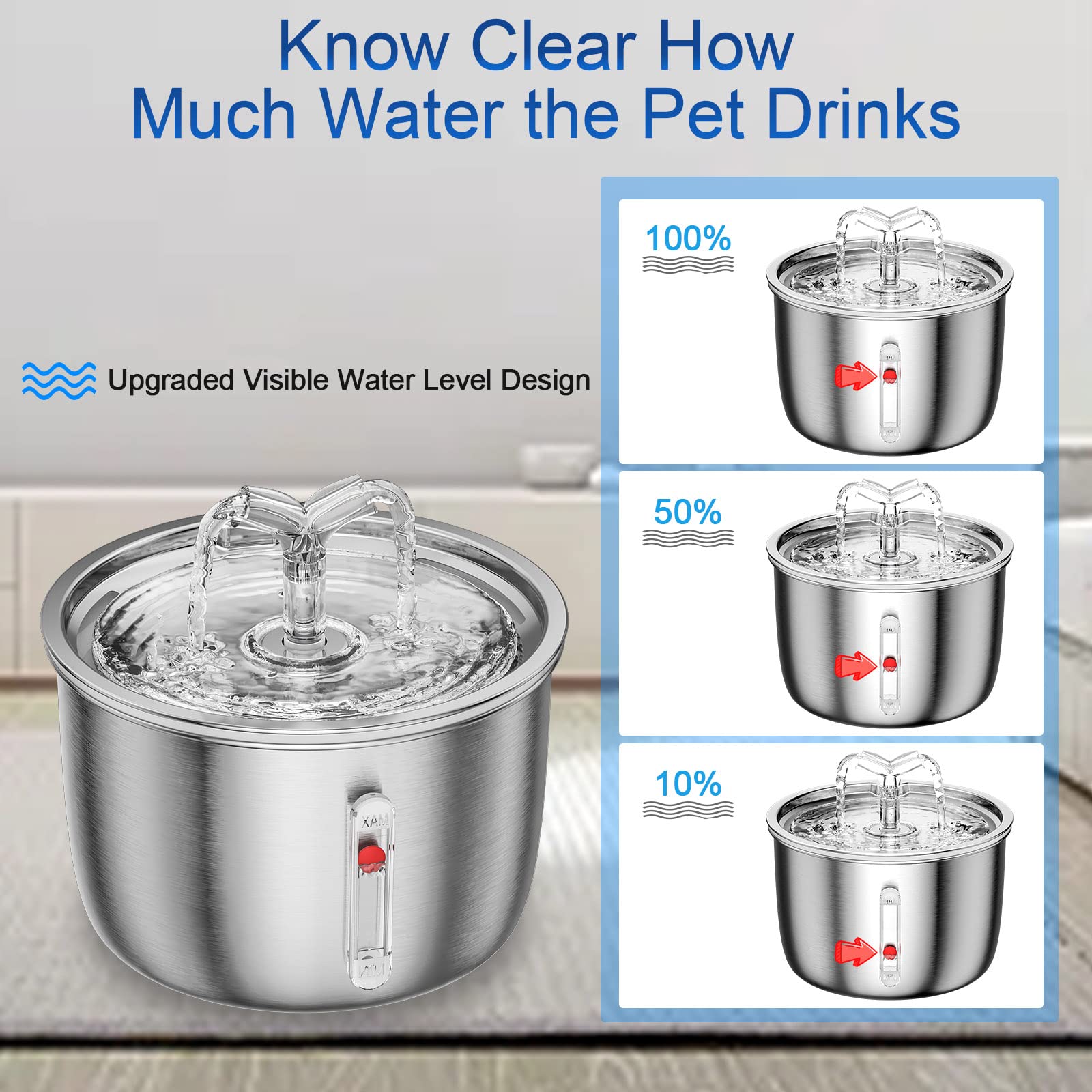 Cat Water Fountain Stainless Steel, 67oz/2L Pet Water Fountain Ultra Quiet Pump Cat Automatic Water Dispenser 3 Flow Modes for Inside Cats Small Dogs Puppies Multiple Pets Watering Supplies - image 3