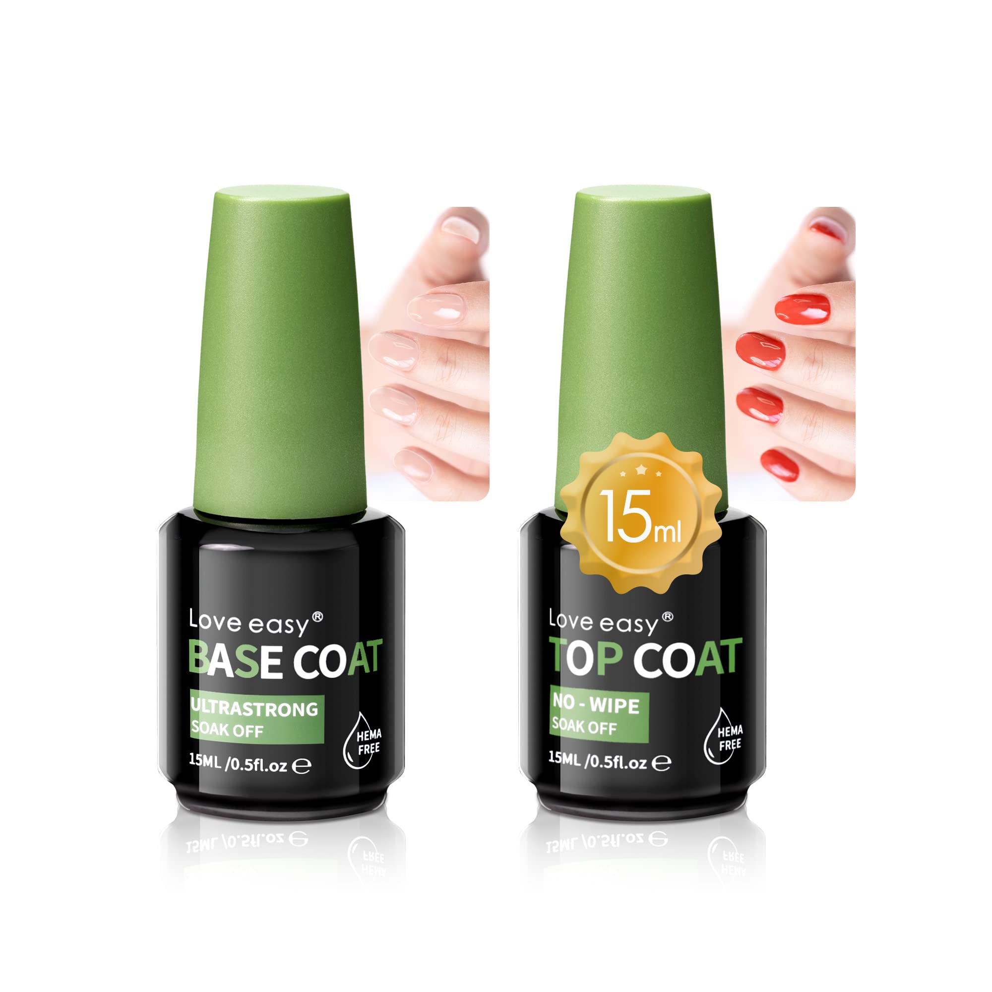 Love easy Gel Top Coat and Base Coat, 2Pcs 15ml Gel Nail Polish No Wipe Top Coat Set, Glossy Shine Long Lasting LED Soak Off For Home DIY and Nail Salon