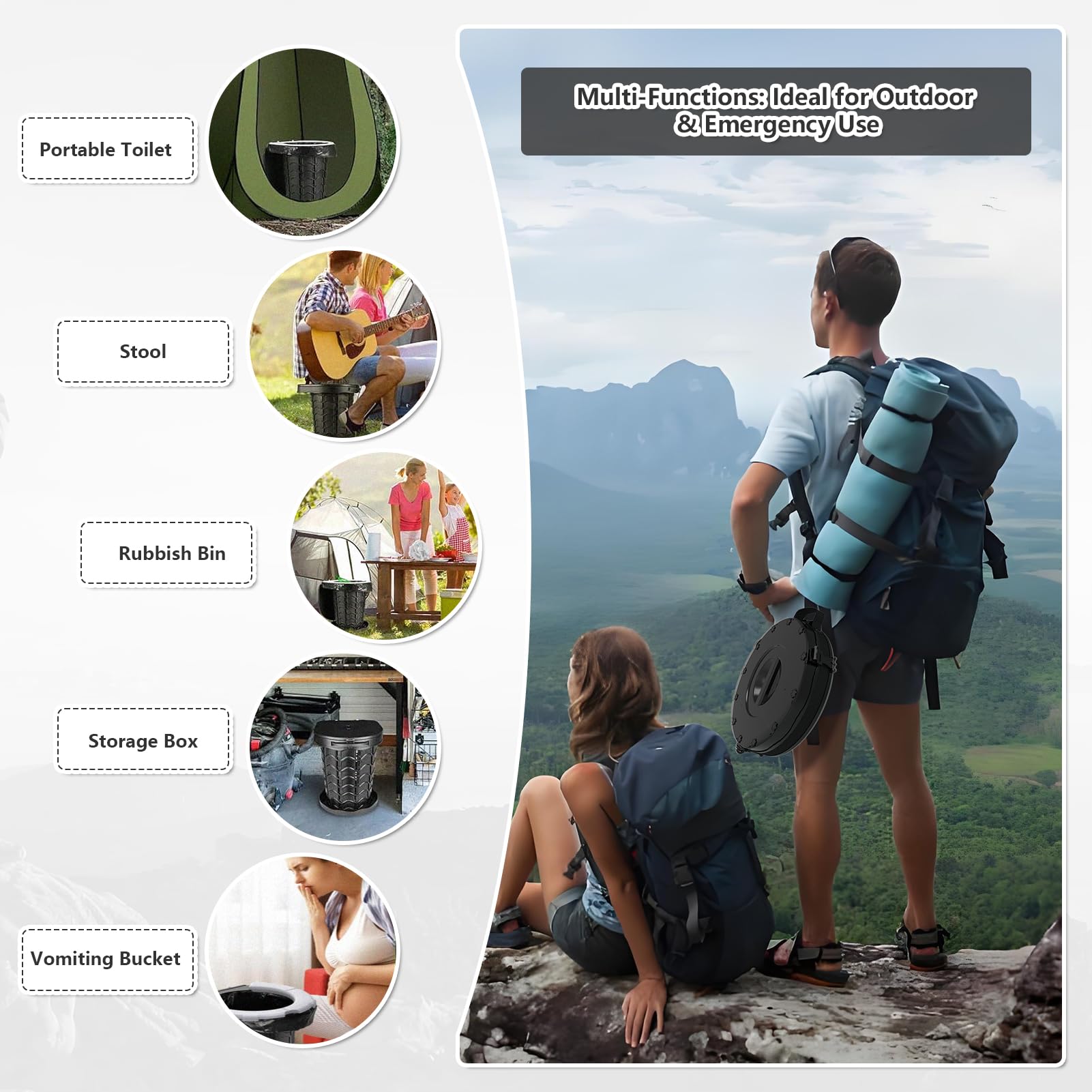 Camping-Toilette, einziehbar, tragbar, für Erwachsene, Kinder, höhenverstellbar, Töpfchen mit Deckel, faltbares Design für Wandern, Autoreisen, LKW, Wohnmobil, Bootfahren, Autoreisen, Strand