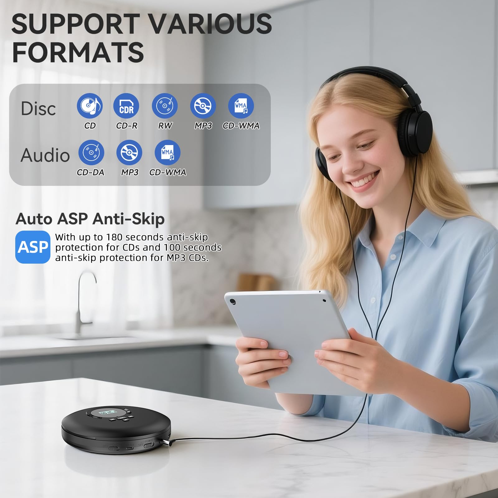 Gueray Lettore CD Portatile Hifi con display stereo cd Lettore CD con cuffie Supporto PROG ASP Funzione di memoria Funzione di ripetizione A-B Effetto BASSO