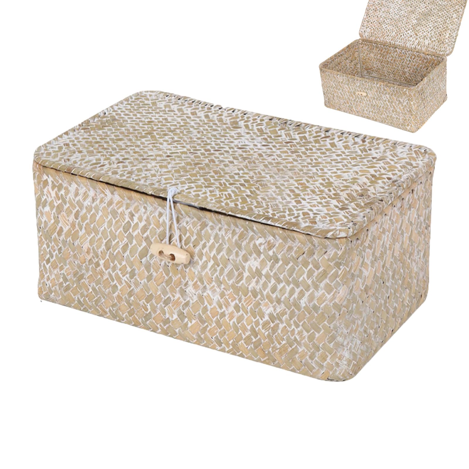 Cesto Portaoggetti in Rattan Intrecciato, Cestino Portaoggetti Rettangolare Intrecciato Fatto a Mano con Coperchio, Organizer per Trucchi Multifunzionale, per Cosmetici e Abbigliamento (M, Bianco)