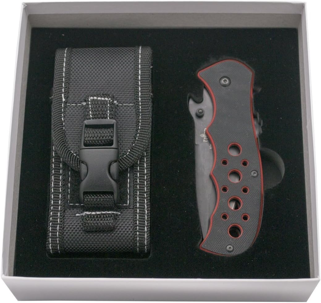 THIRD Assisted Knife K1905RDS, Handle G10 Bicolor Black and Red, Stainless Steel Blade 8Cr14MoV Stainless Steel 9.8 cm Black Finish with Saw Blade and Bottle Opener Sheath. Presentation