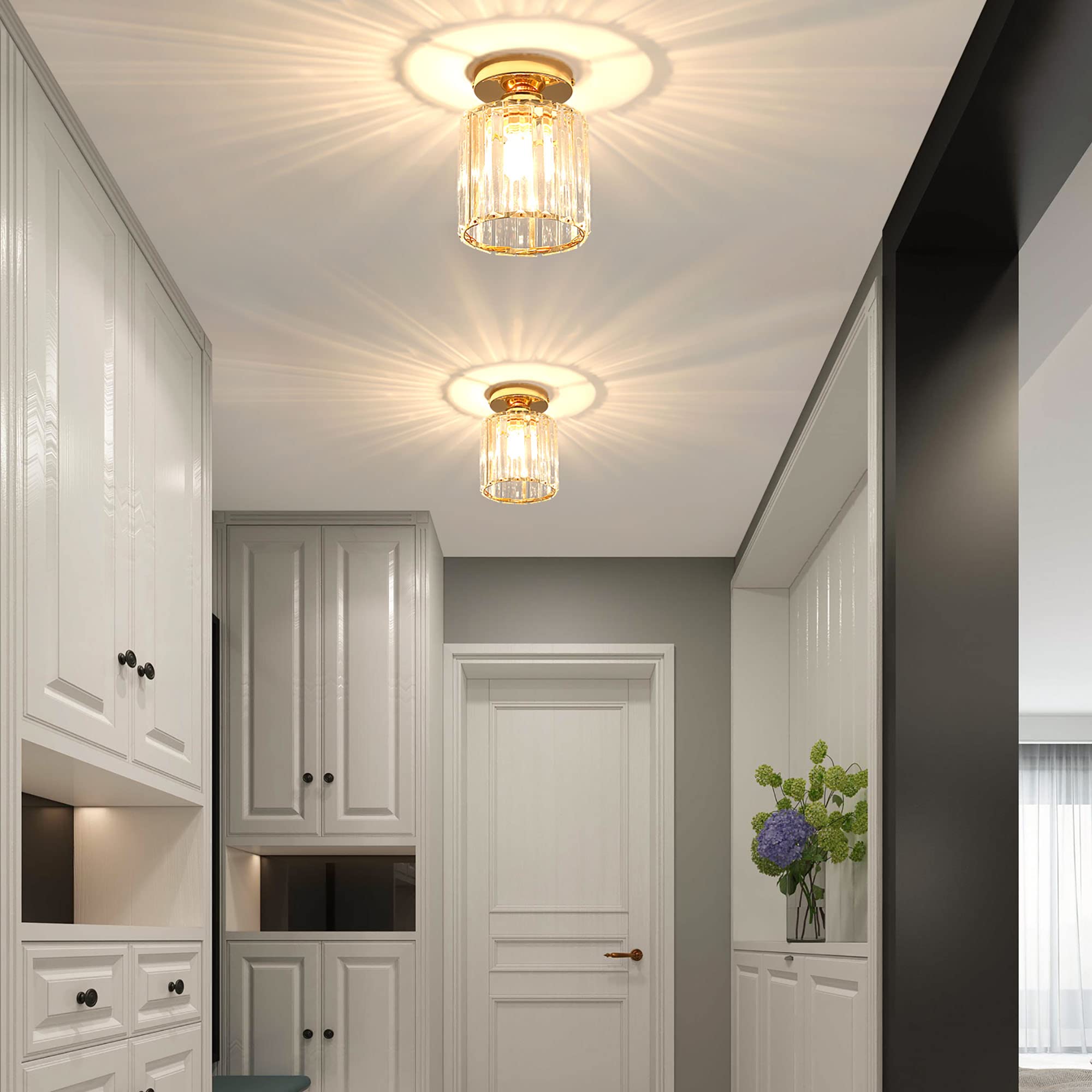 Moderna Luz De Techo De Cristal, Mini Lámpara De Techo De Cristal Dorado E27 Araña Redonda, Para Pasillo Entrada Cocina Dormitorio Sala De Estar Iluminación