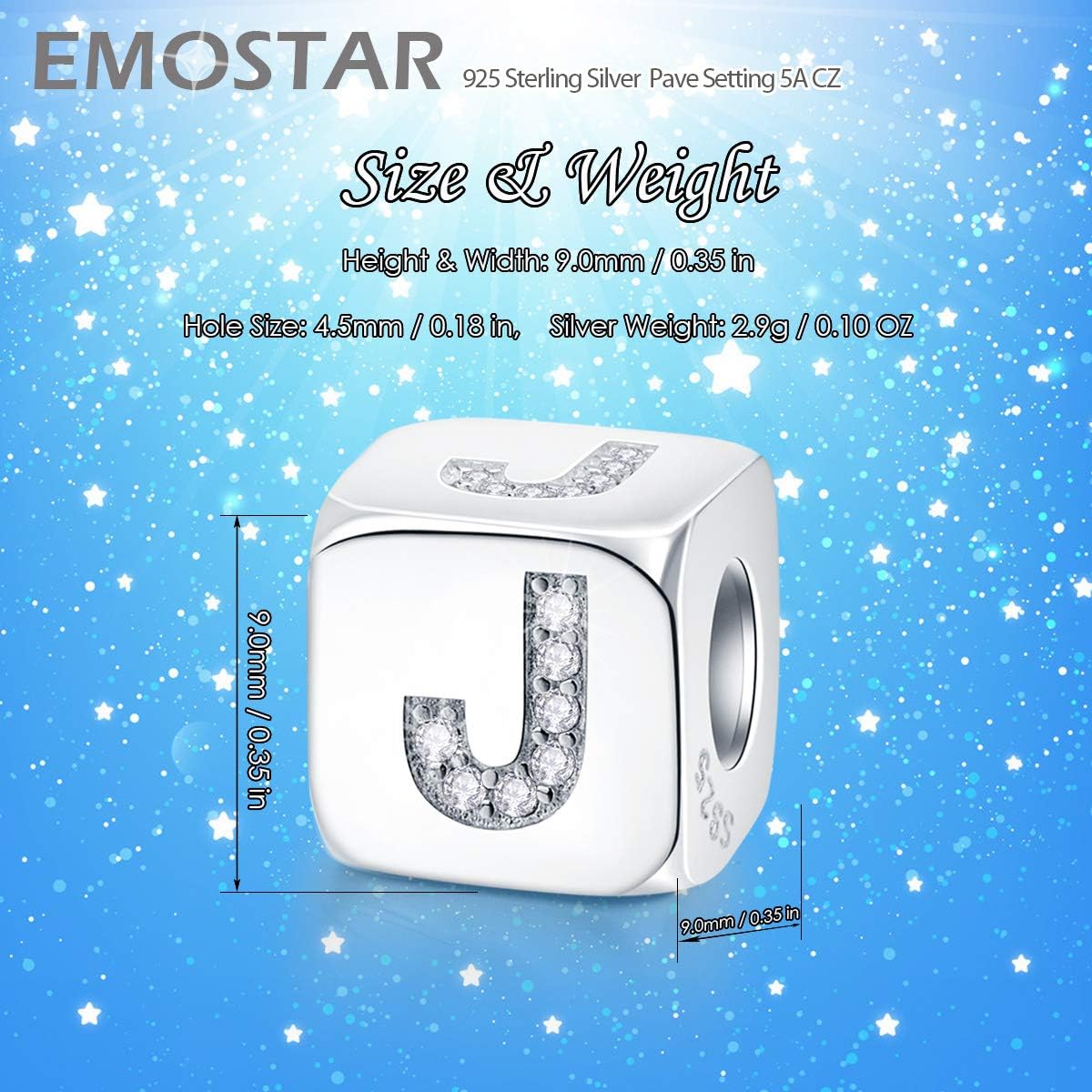 EMOSTAR Dice-Shaped 26 Block Letters Charms Initial A-Z Alphabet Beads, 925 Sterling Silver Square Cube Charms with CZ fits European Women Bracelet, Gifts for Birthday/Christmas/Mom/Lover - Image 2