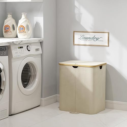 Miniatura 9 de Lifewit Cesta de lavandería doble de 120 litros con tapa, cesta grande para la ropa sucia con asas de bambú y bolsas de lavandería extraíbles,