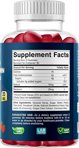 Miniatura 8 de Vitabod Gomitas de melatonina de 20 mg  180 unidades  Sin drogas  Sabor natural de fresa  Vegetarianas, sin OMG, sin gluten (1 botella)