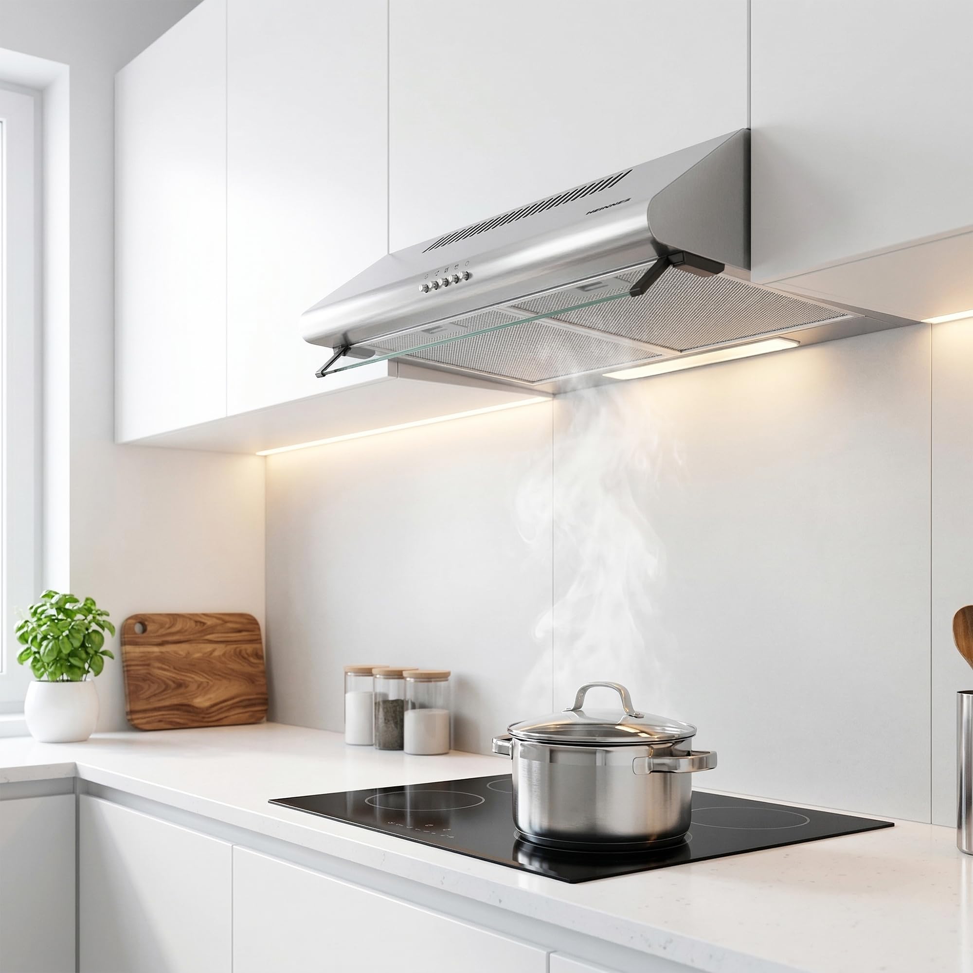 XCH-450S Cappa aspirante Piano di lavoro 60cm, Cappa Cucina Scarico e Riciclaggio 347,4 m³/h, Doppio Motore, Acciaio inossidabile, Argento