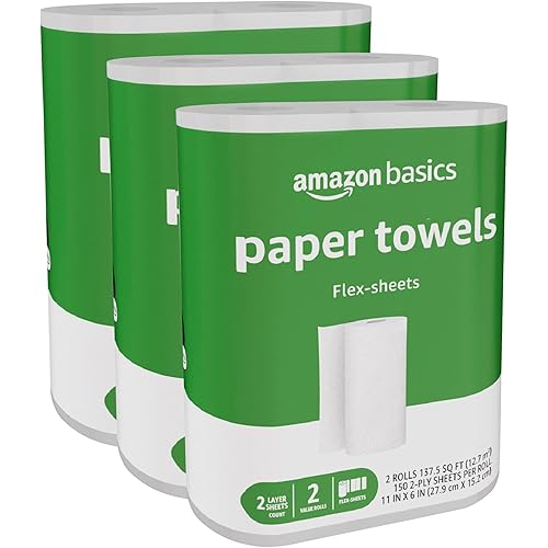 Amazon Basics 2-Ply Flex-Sheets Paper Towels, 6 Basics Rolls = 16 Regular Rolls, Everyday Value with 150 Sheets per Roll