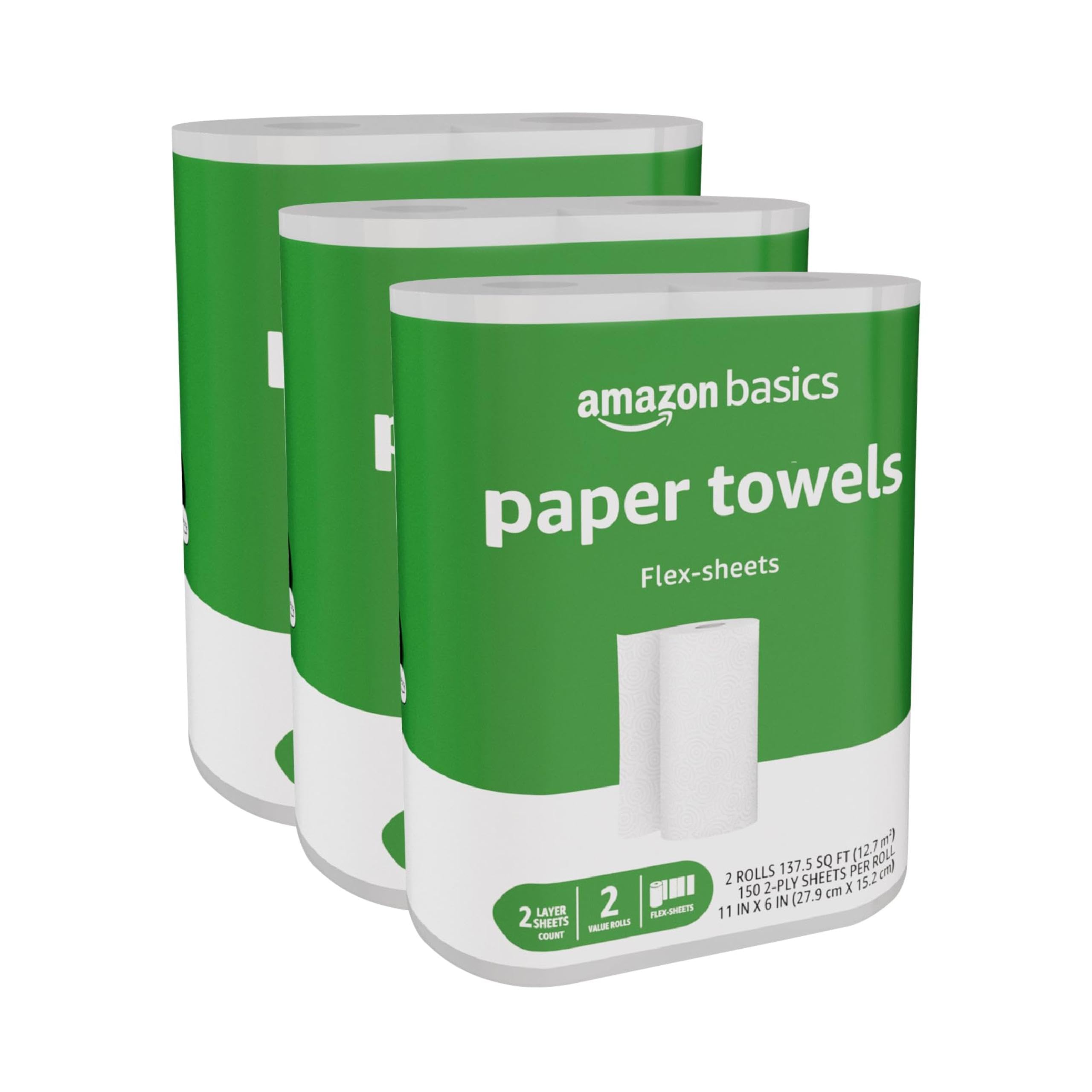 Amazon Basics2-Ply Flex-Sheets Paper Towels, 6 Basics Rolls = 20 Regular Rolls, Everyday Value with 150 Sheets per Roll, Packaging May Vary