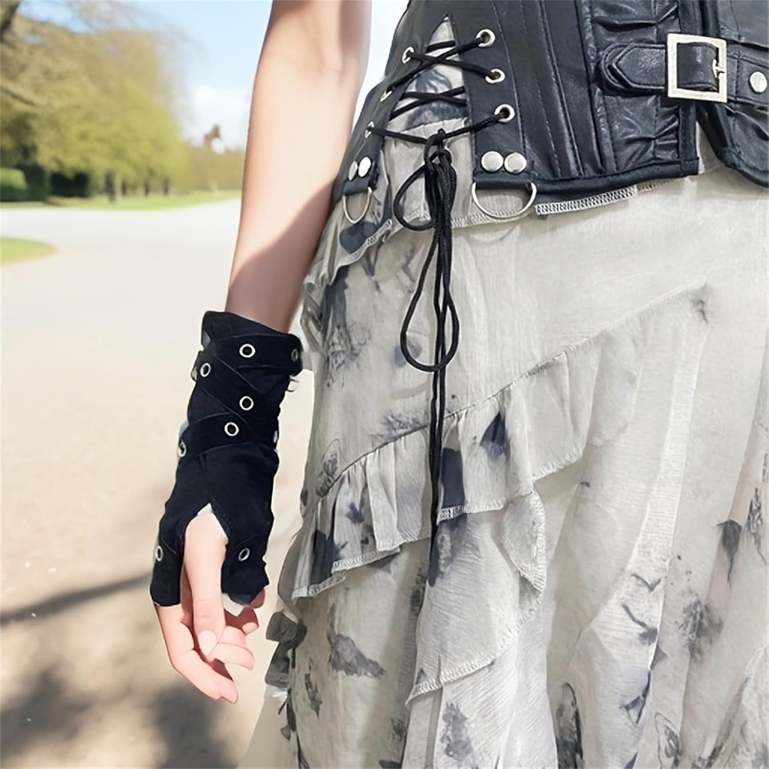 win2win Women's Steampunk Goth Buckle Gloves - Fingerless Thumb Hole Long Emo Style Concert Skateboard