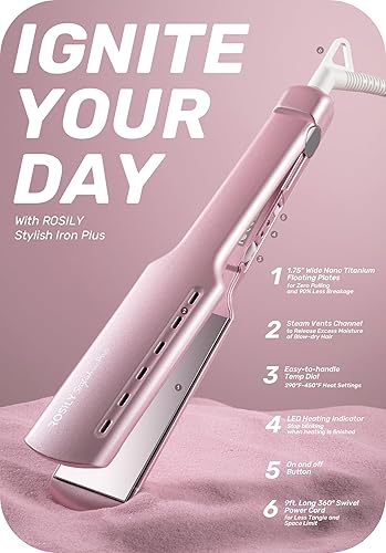 Miniatura 8 de ROSILY Plancha plana ancha profesional  Plancha de cabello de titanio grande de 175 pulgadas deslizamiento súper suave sin pellizcos temperatura