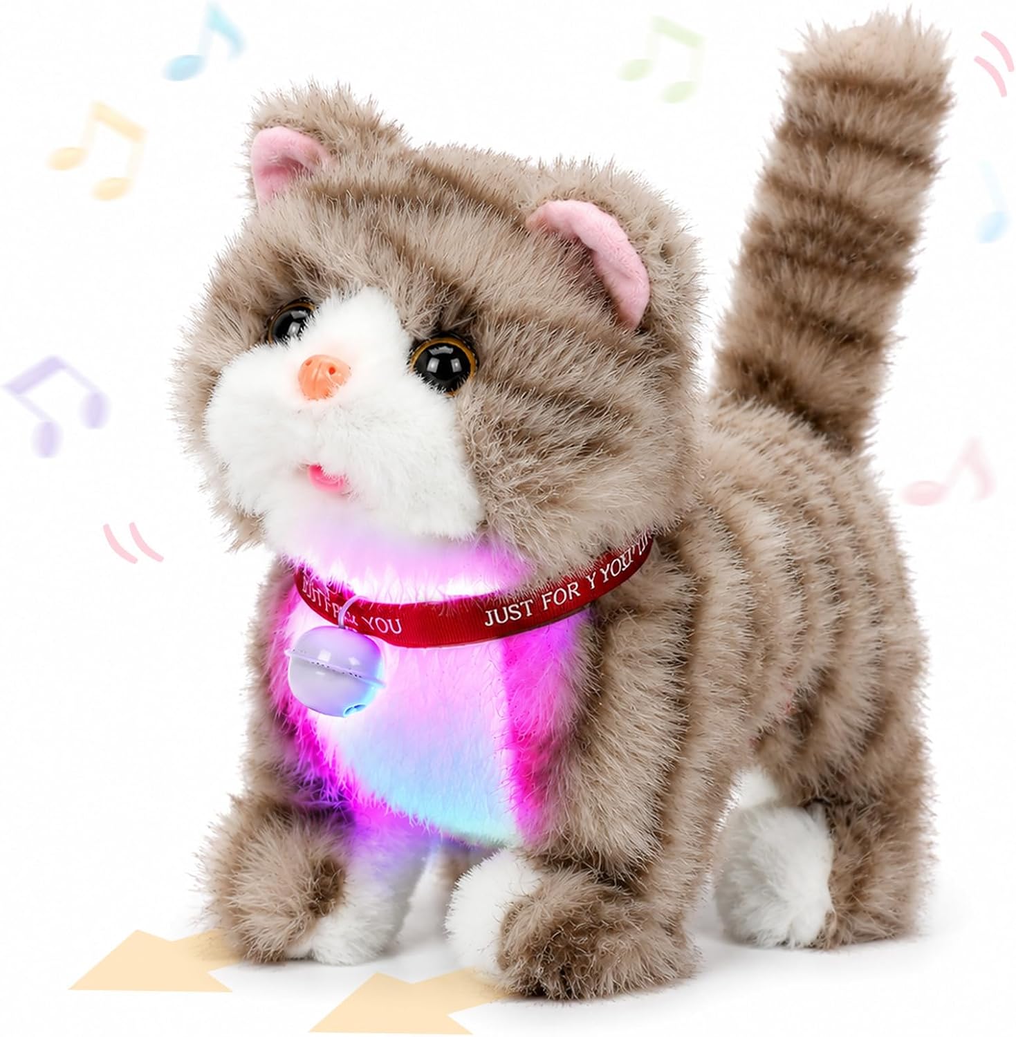 Walking Grey Cat Stuffed Animal Repeats What You Say Musical Glowing Wagging Nodding Educational Plush Kitty Toy Electric Interactive Animated Plushies for Girls Boys Birthday