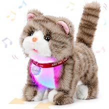 Walking Grey Cat Stuffed Animal Repeats What You Say Musical Glowing Wagging Nodding Educational Plush Kitty Toy Electric Interactive Animated Plushies for Girls Boys Birthday
